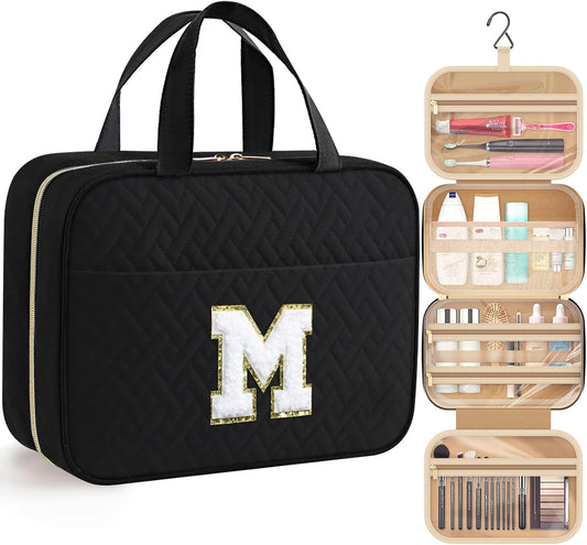 HOTOR Travel Toiletry Bag - Personalized Chenille Initial Makeup Bag, Water-Resistant Personalized Gifts for Women, Portable Travel Accessories & Essentials, Letter M, Black, 11.4"×9.0"×3.35"
