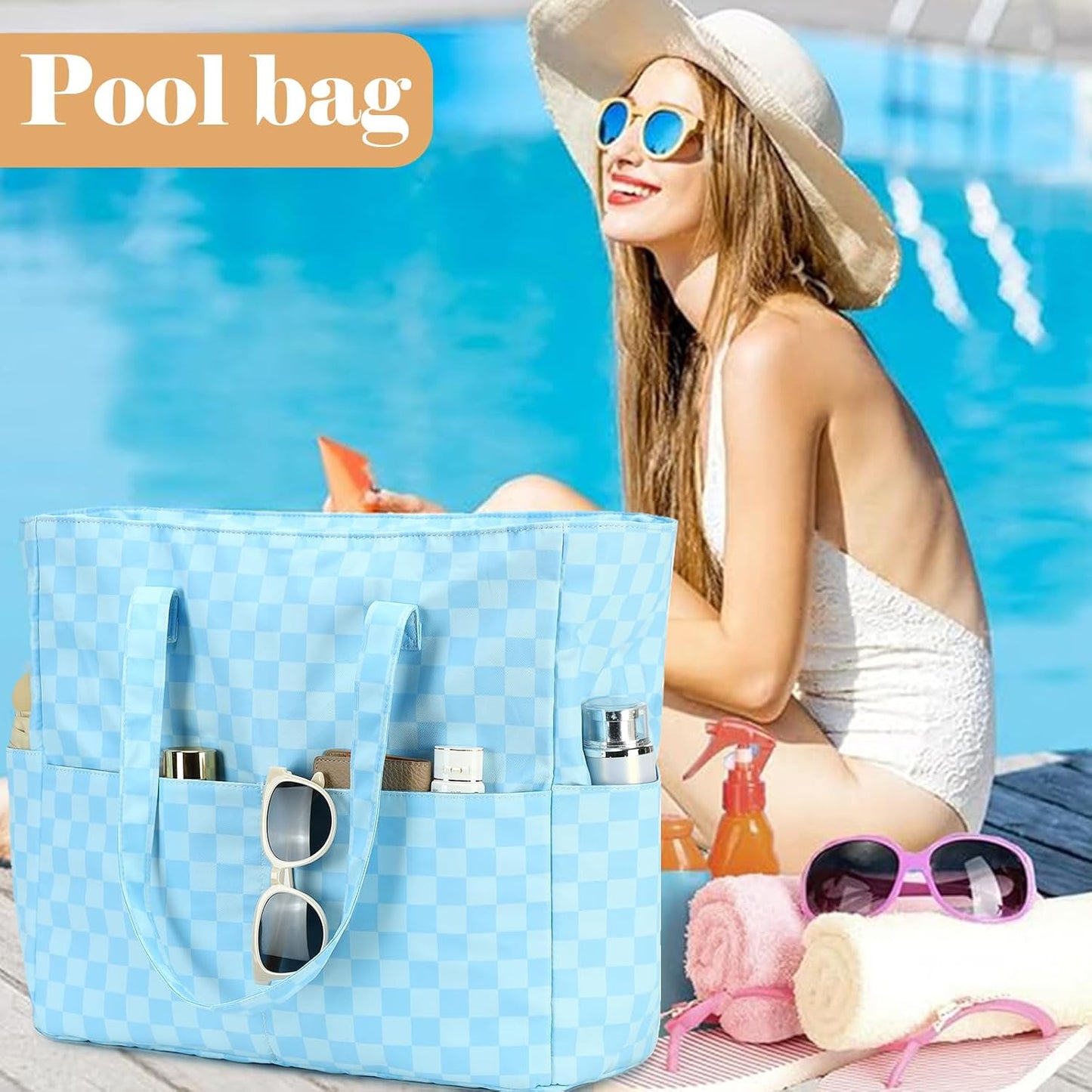 LEDAOU Beach Bag Waterproof Sandproof Women Tote Bag Pool Bag with Zipper for Gym Grocery Travel with Wet Pocket