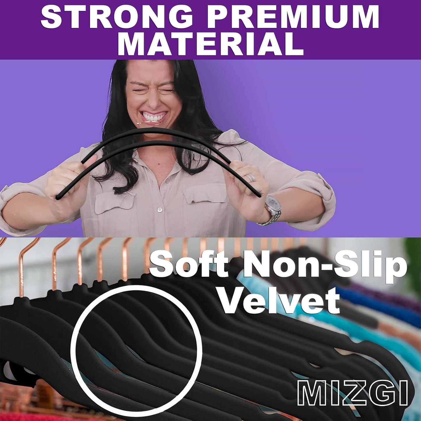 MIZGI Premium Velvet Hangers (60 Pack) Heavy Duty- Non Slip Felt Hangers - Velvet Suit Hanger Black - Rose Gold Hooks,Space Saving Clothes Hanger