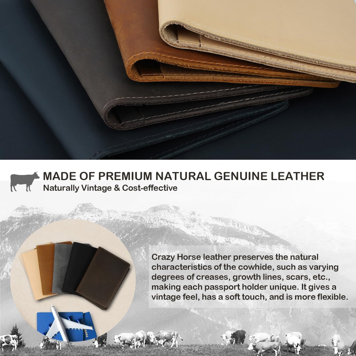 Real Leather Passport Holder for Men and Women Travel, Handmade Passport Wallet, Passport Cover Case, Travel Must Haves Travel Essentials Accessories Birthday Gifts (Crazy Horse, Gray)