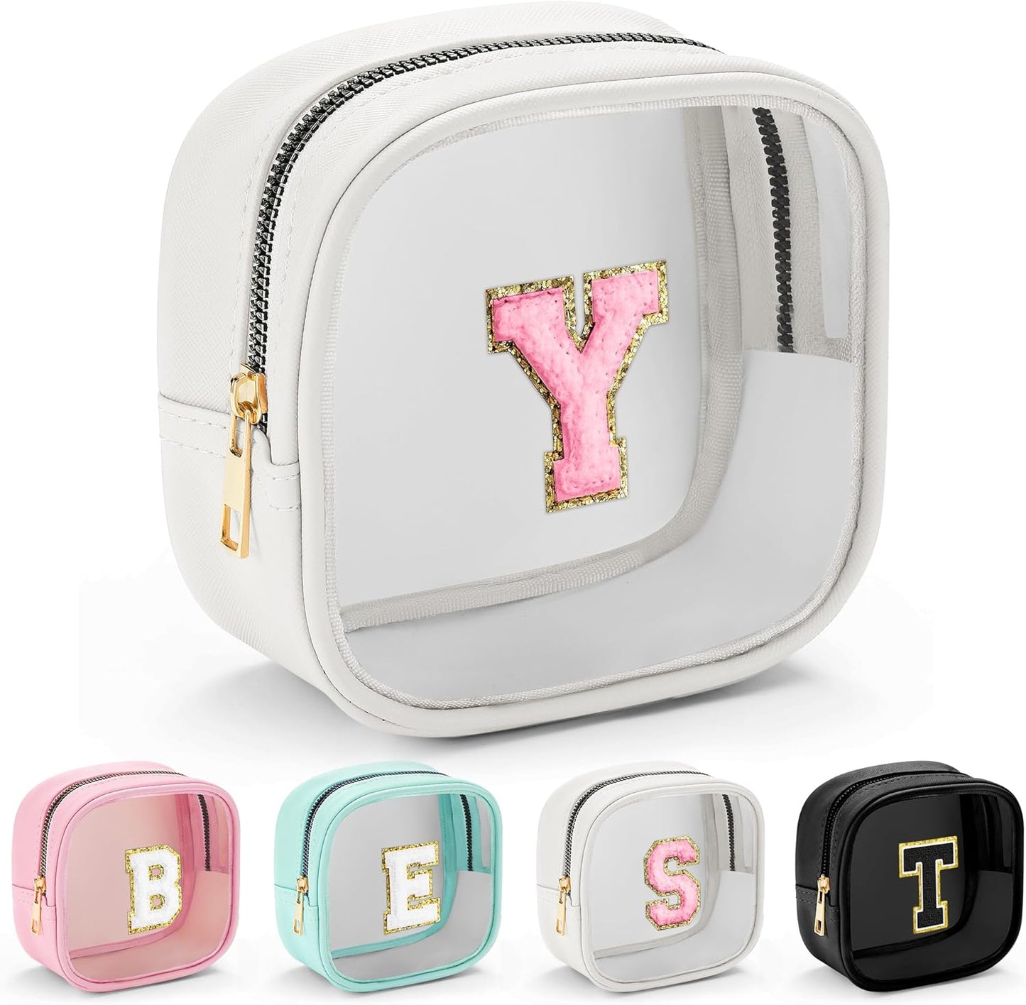 YOOLIFE Initial Make Up Bag Travel Toiletry Bag, Clear Makeup Bag Preppy Cosmetic Bags Organizer Travel Essentials Gifts for Women Teen Girlfriend Teacher Mom Birthday Mothers Day Gifts White Y