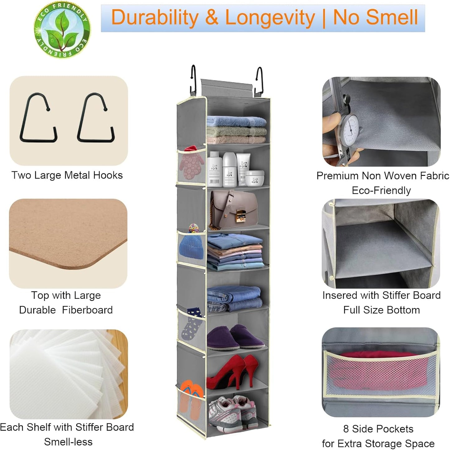 Large-Sized Hanging Shoe Organizer 8-Shelf, Hanging Closet Organizer with 8 Side Pockets, Wider Hanging Shelves for Storage Shoes Clothes 9" W × 11.8" D× 48" H, Grey