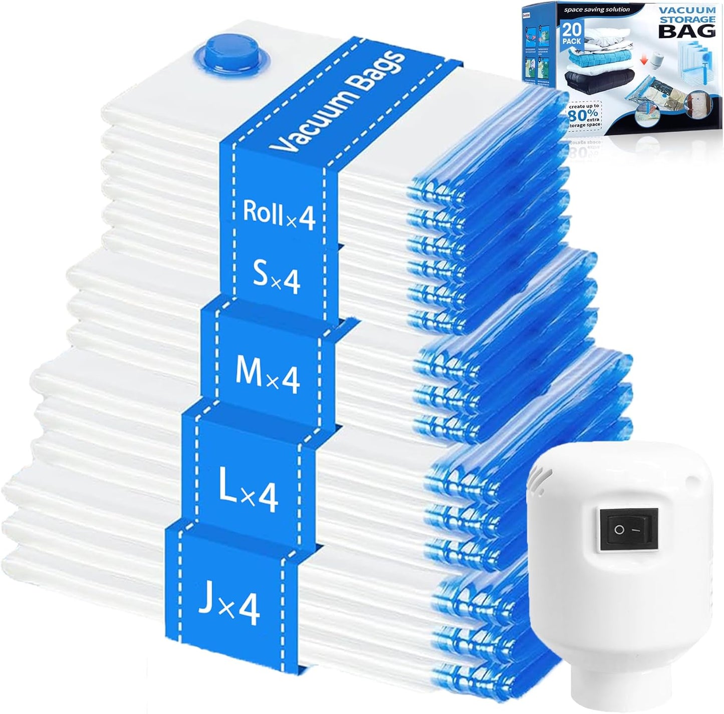 20 Pack Vacuum Storage Bags with Electric Pump, 4Jumbo/ 4Large/ 4Medium/ 4Small/ 4Roll Compression Space Saver Vacuum Seal Bags for Clothing Travel Luggage Comforters Blankets Pillows Bedding, Blue