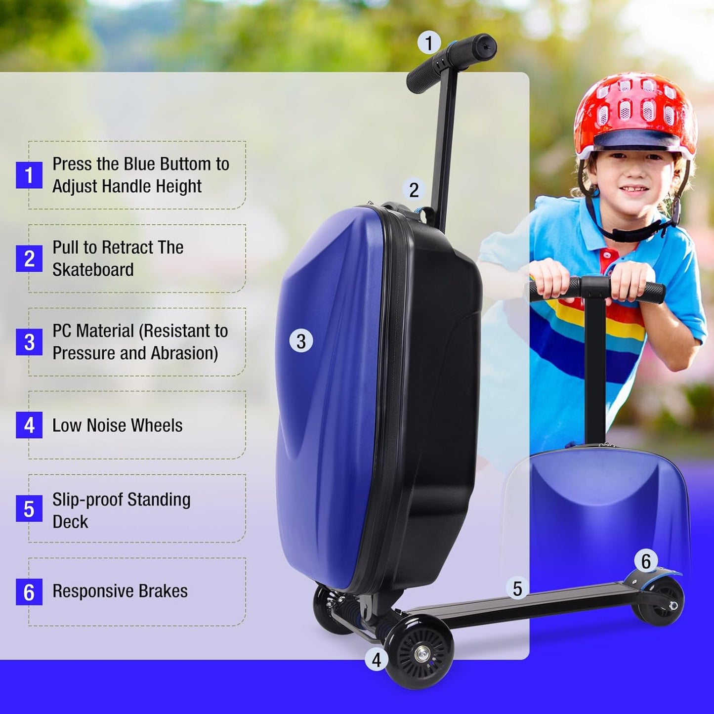 20" Kids Scooter Suitcase Ride-On Carry-On - 2-in-1 Lightweight Hardshell Luggage for Airplane Travel, Foldable Rolling Suitcase for Boys & Girls Ages 4-12