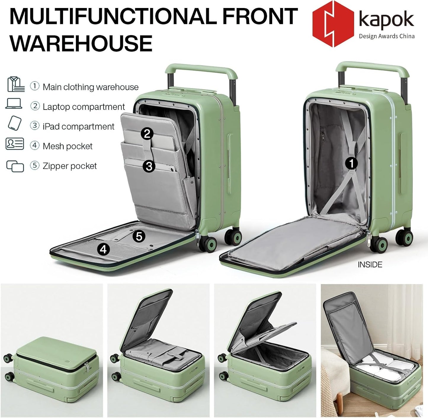 mixi Carry On Luggage Wide Handle Luxury Design Rolling Travel Suitcase PC Hardside with Aluminum Frame Hollow Spinner Wheels, with Cover, 20 inch, Avocado Green