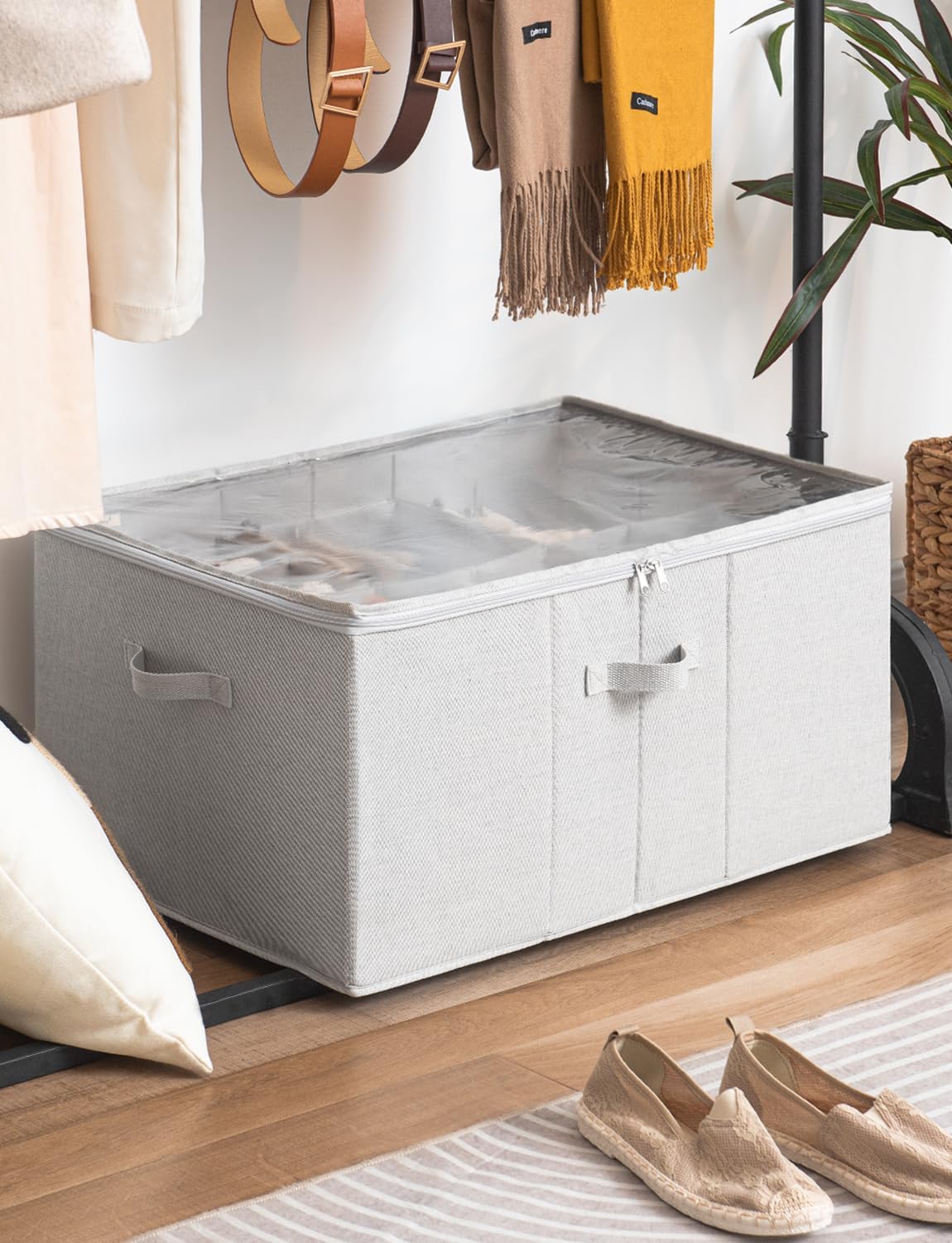 StorageWorks Shoe Organizer for Closet, Fits up to 24 Pairs, Shoe Cubby Storage Containers with Adjustable Dividers and Clear Cover, Grey