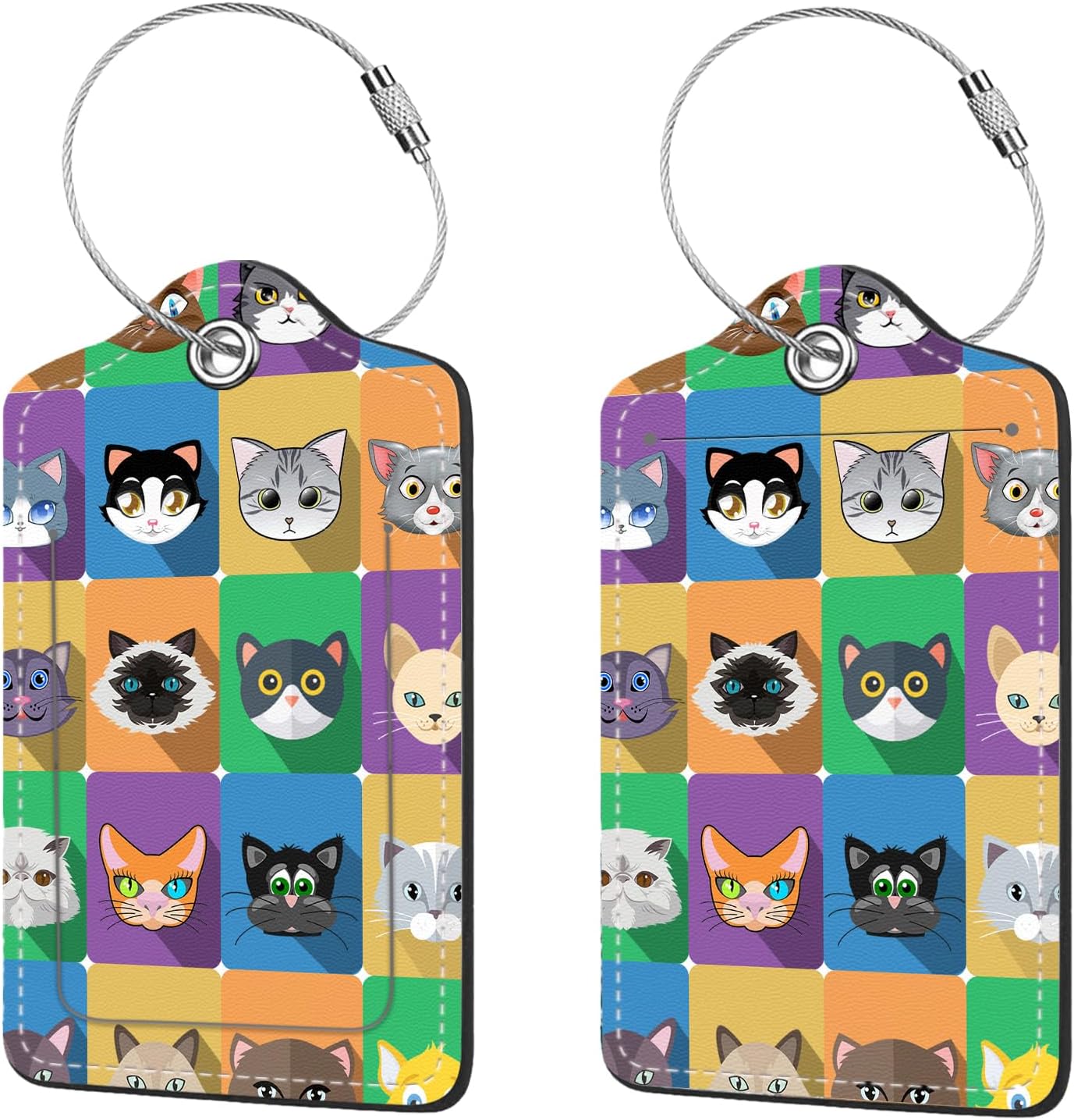 2 Pcs Luggage Tags for Suitcases, PU Leather Cruise Ship Luggage Tags with Privacy Cover Label Address Card and Durable Metal Ring Suitable for Men Women Handbags Backpacks Schoolbag,Animal Squares