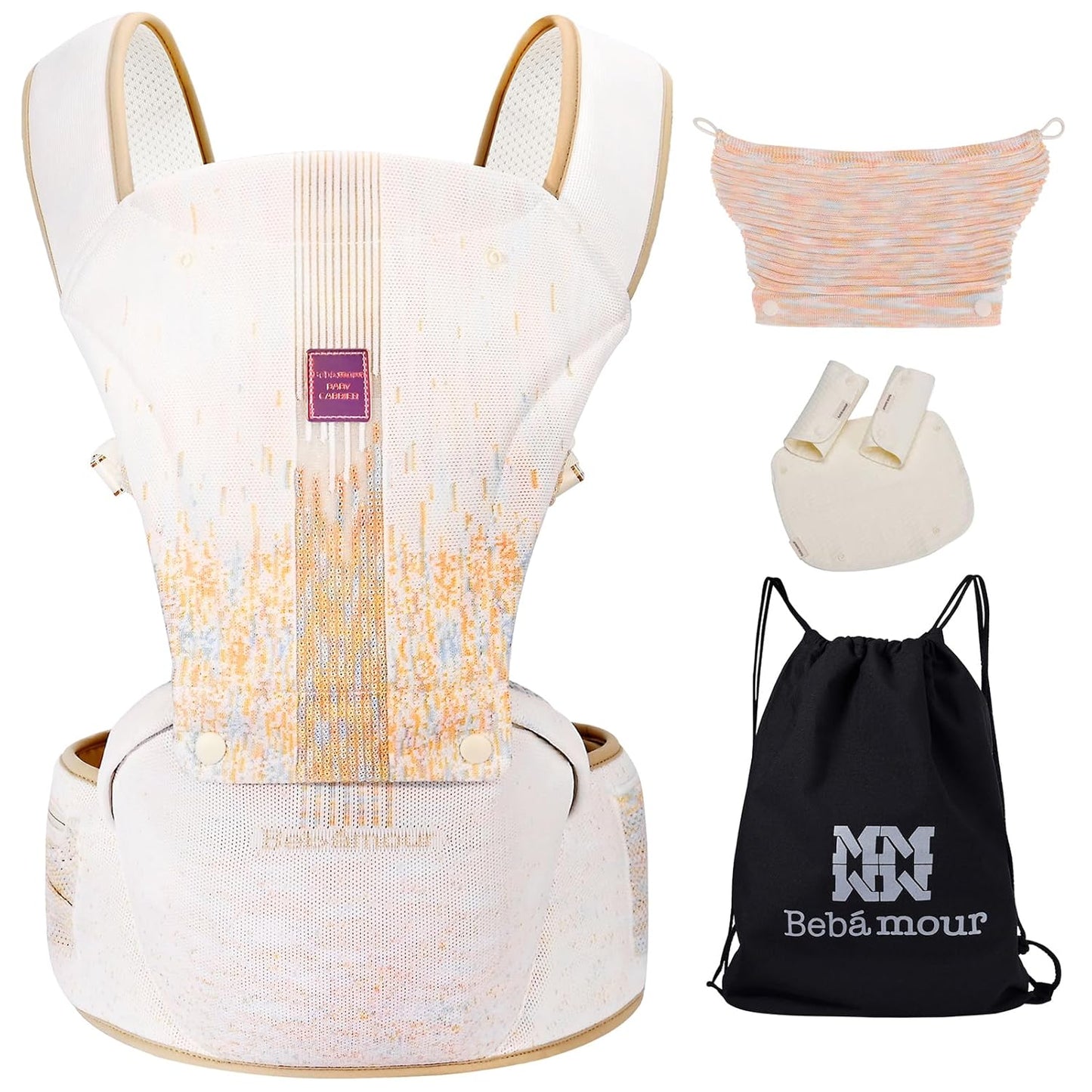 Bebamour Baby Carrier Newborn to Toddler with Hip Seat Baby Carrier Front and Back Carry Carrier with Head Hood, 3 PCS Teething Pads,Storage Bag (White-Knit)