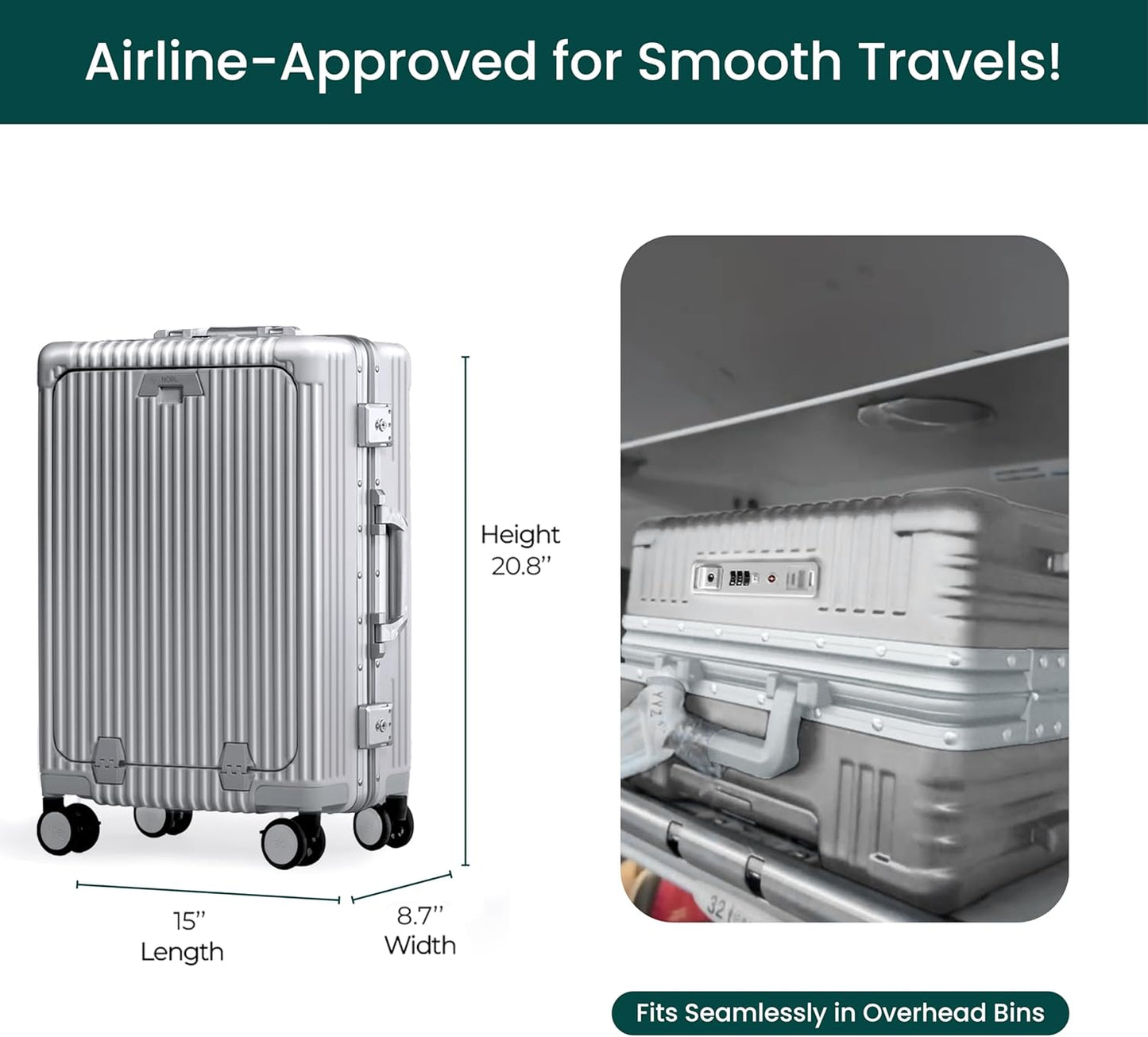 Nobl Travel Carry On Luggage, Noble Zipperless Aluminum Frame PC Hard Shell Suitcase, 20.8"x15"x8.7" Airline Approved, 360° Spinner Wheels, TSA Locks, USB Charging Port, Cup & Phone Holder - Silver