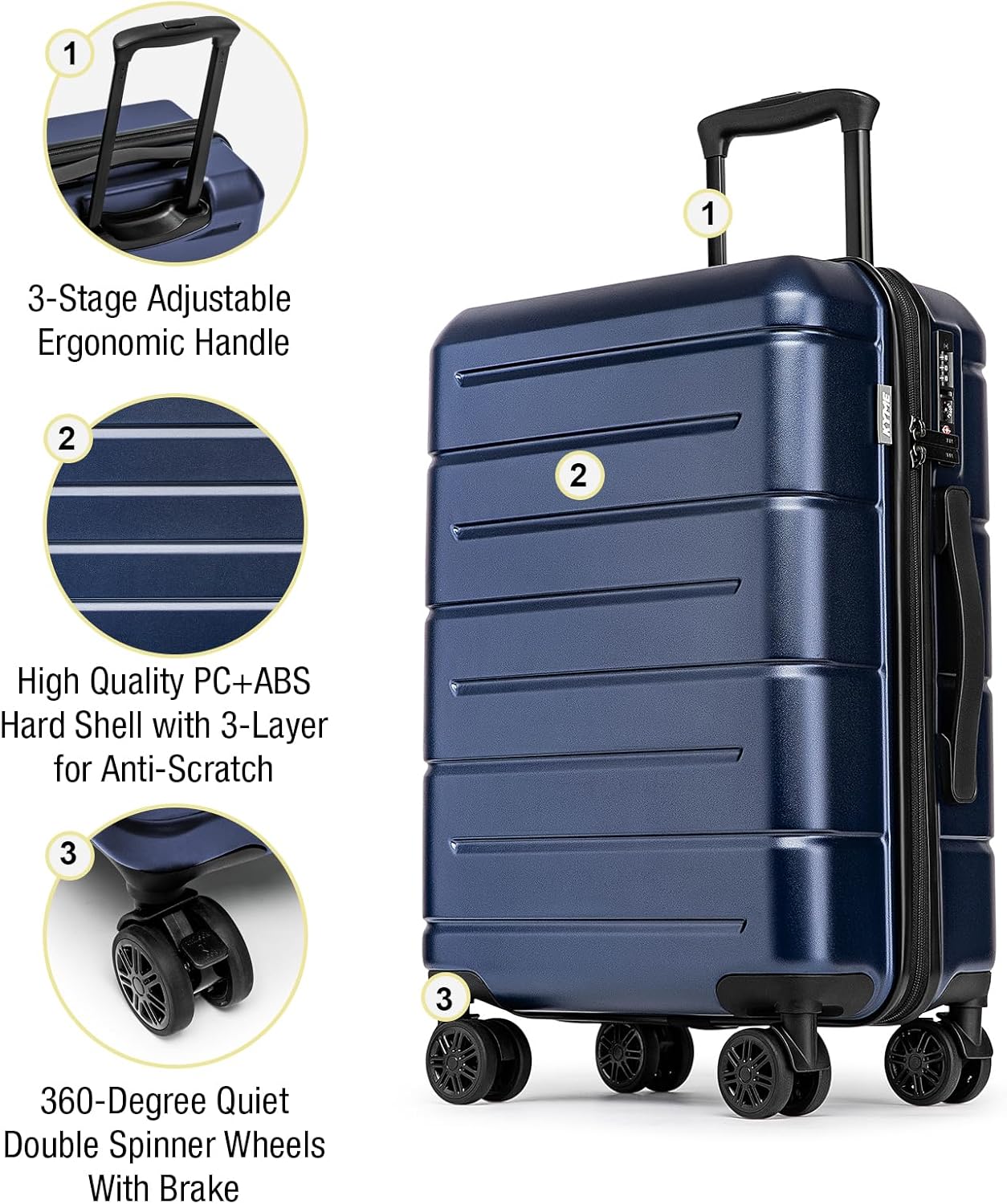 KYME Suitcases with Wheels Hardshell 26 Inch Luggage with TSA Lock Durable Medium Checked Travel Rolling Luggage with Cup Holder for Women Men Navy
