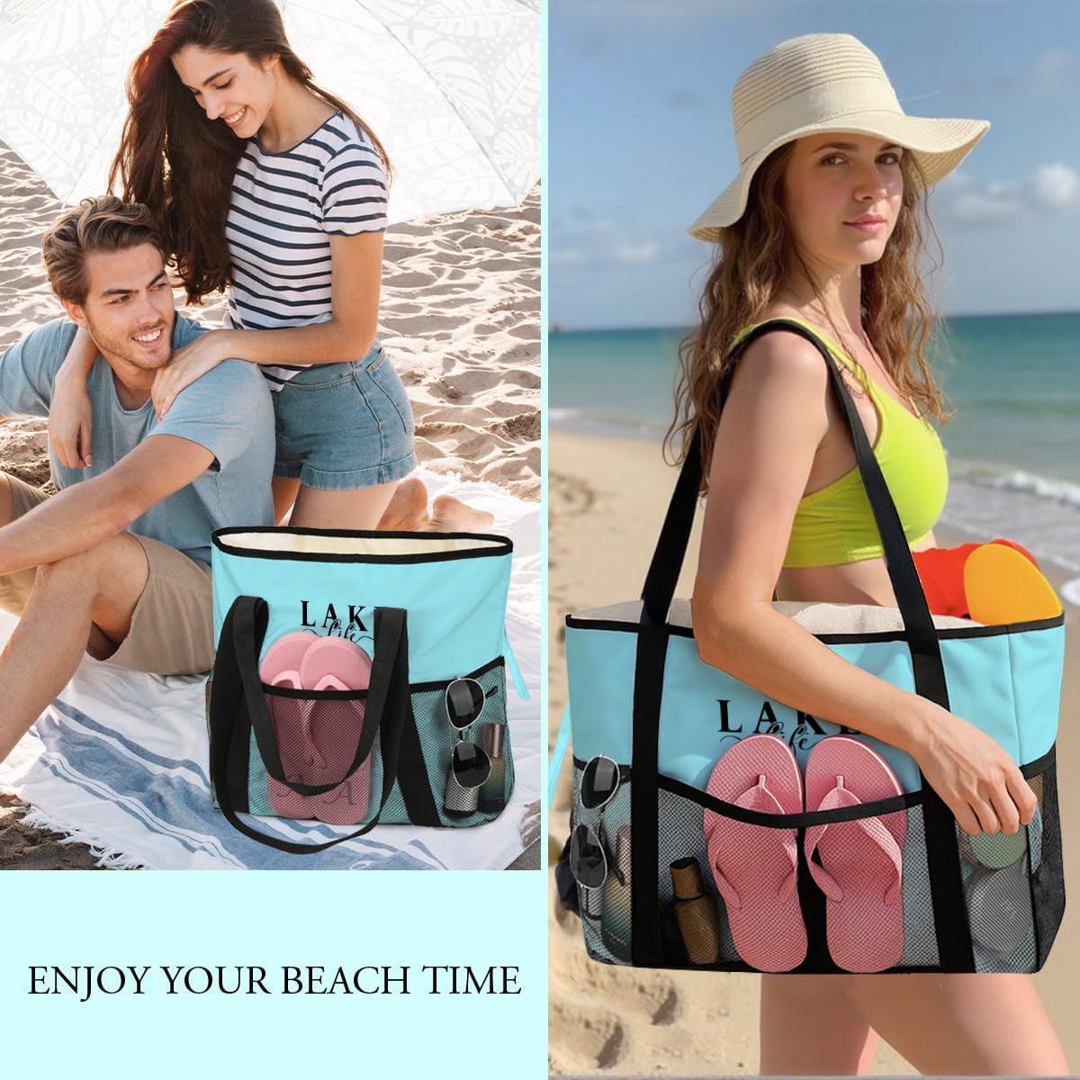8-Pocket Waterproof Tote for Women -Sandproof Beach Bag with Zipper& Family | Foldable Travel Swim Bag (Gift-Ready)