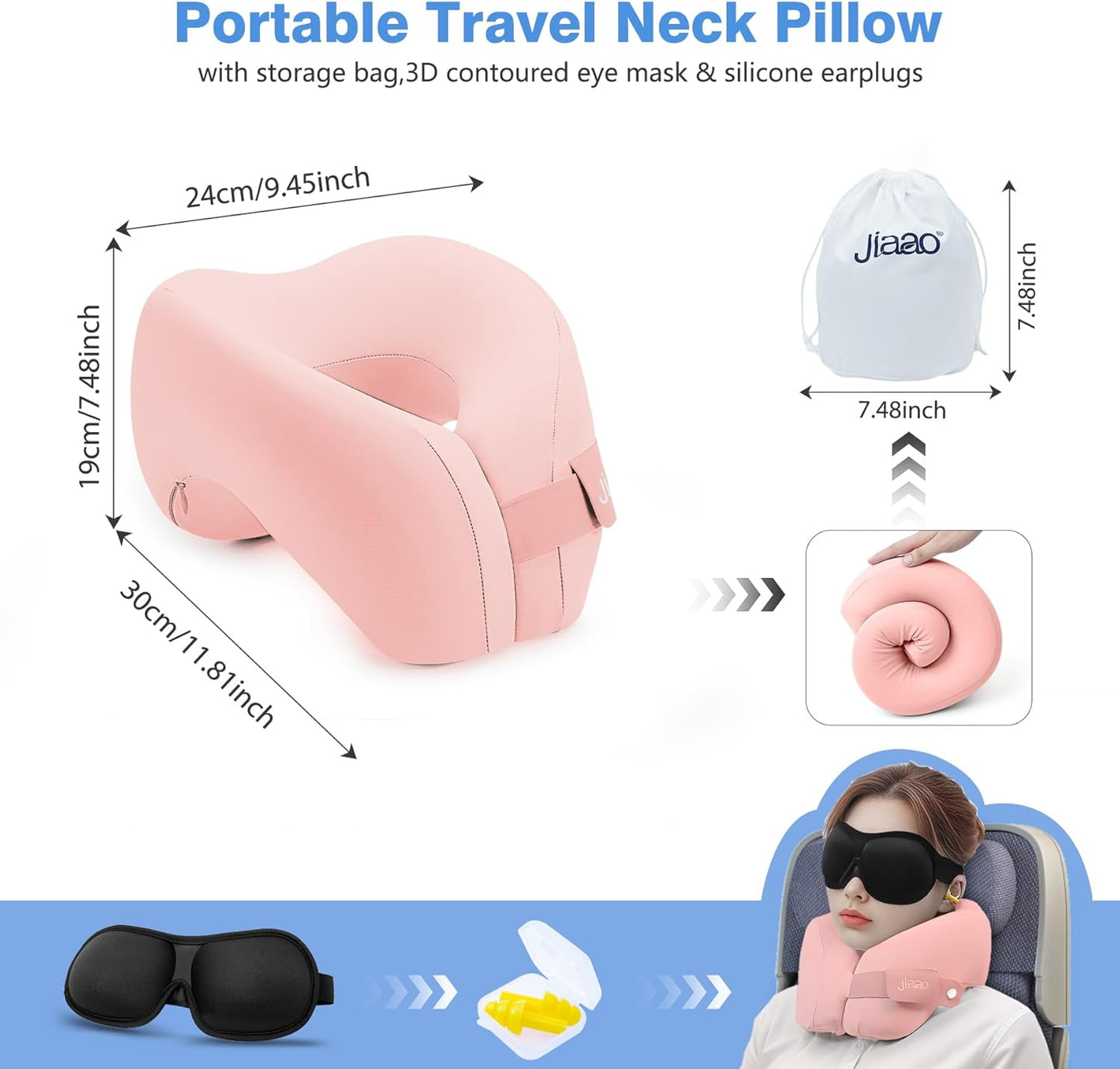 Neck Pillow Airplane, Ergonomic Memory Foam Travel Pillows for Long Flights, 3D Eye Masks, Ear Plugs and Portable Drawstring Bag, Napping Pillow for Home, Sleep Rest, Family and Travel Use