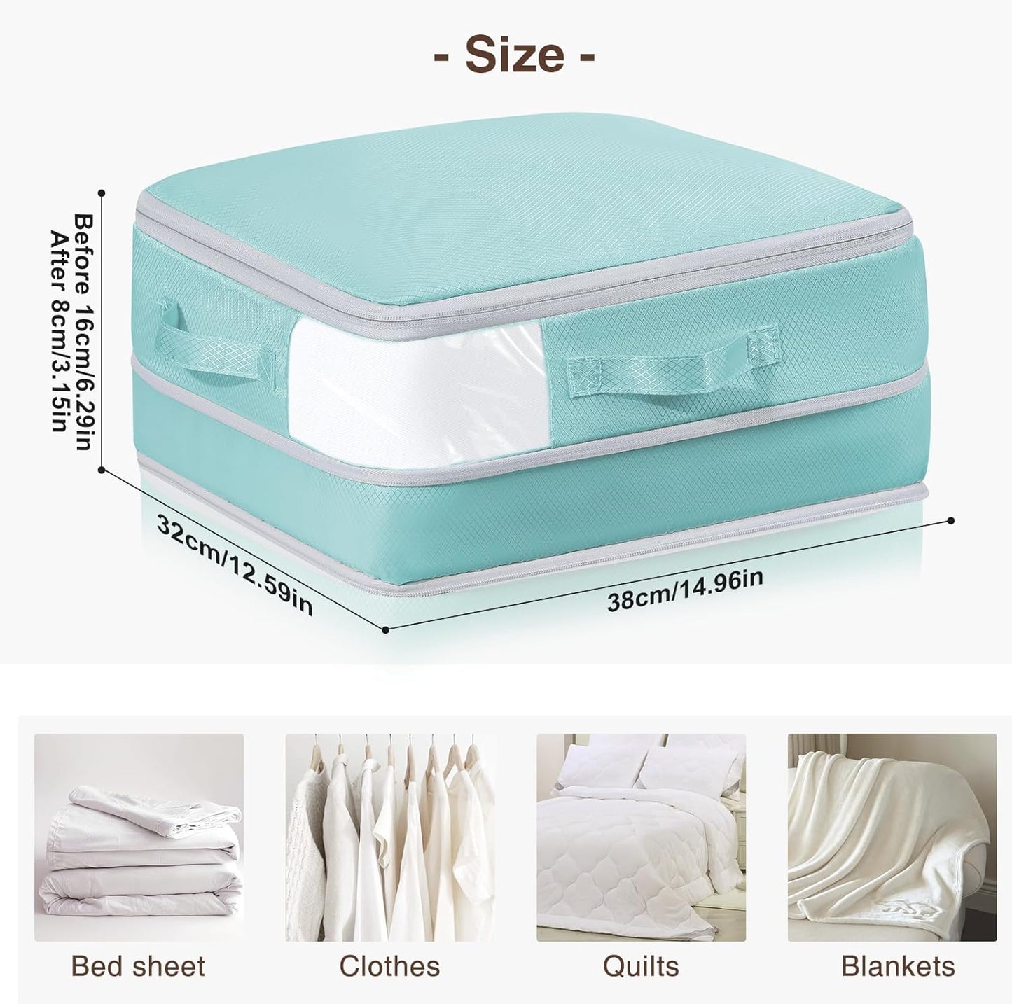 DIMJ Clothes Storage Bag 8 Pack, 19L Compression Storage Bags for Blanket, Sweater, Jacket, Closet, Sheet Storage Organizer with Window Handle, Space Saver Storage Bags with Zipper, Blue