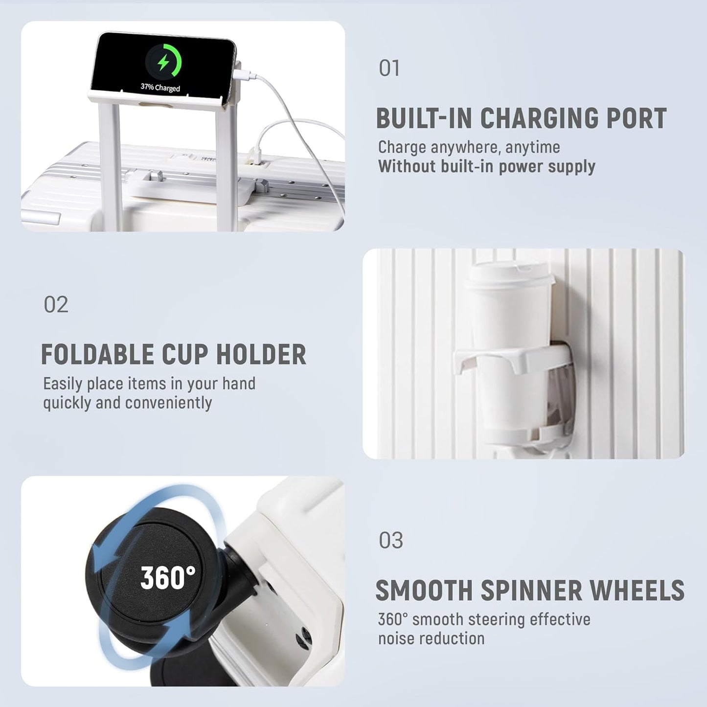 UrbanExplorer 24 Inch Check-In Aluminum Frame Luggage, ABS+PC Hard Shell Suitcases with Spinner Wheels TSA Approved Checked Luggage, Zipperless Suitcases with Cup Holder, White