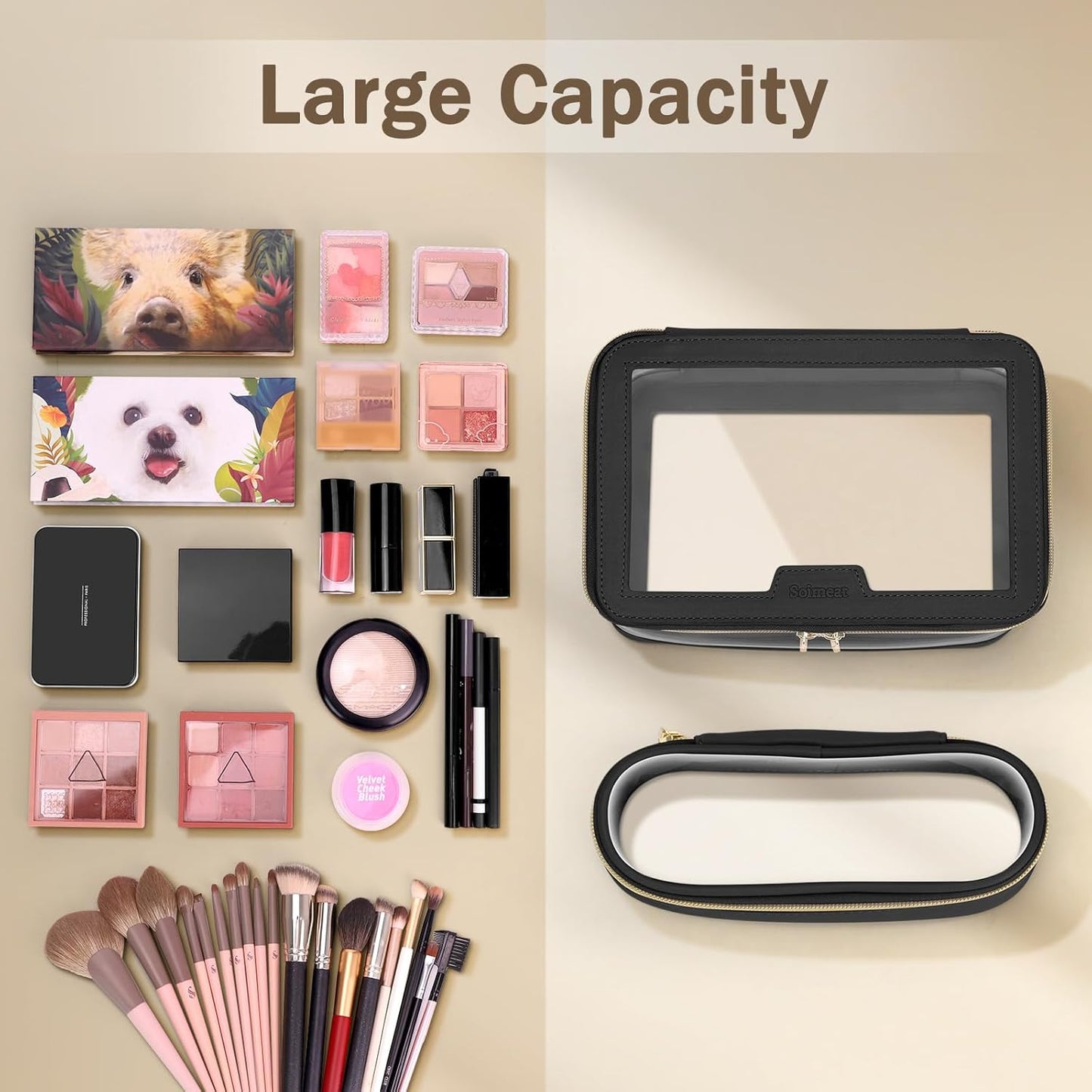 Travel Clear Makeup Bag with Makeup Brush Bag, Leather Makeup Case Toiletry Bag, Portable Cosmetic Bag Case, Transparent Waterproof Cosmetic Organizer Storage Bag for Women, Medium, Black