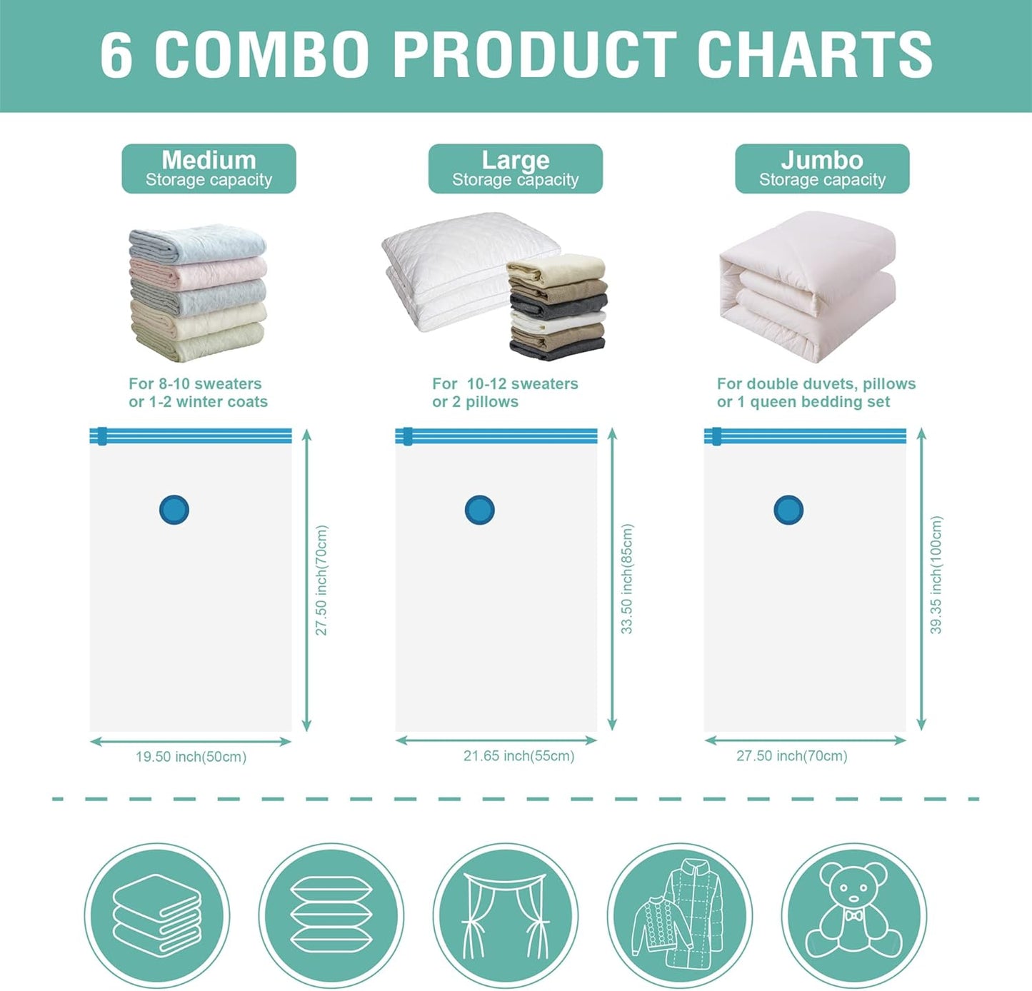 6 Pack Vacuum Storage Bags, Space Saver Bags (2 Jumbo/2 Large/2 Medium) Compression Storage Bags for Comforters and Blankets, Vacuum Sealer Bags for Clothes Storage, Hand Pump Included