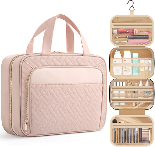 HOTOR Travel Toiletry Bag for Women & Men, Waterproof Makeup Bag with Hanging Hook and Multiple Pockets, Cosmetic Bags for Women, Travel Essentials, 12.6'' x 4.3'' x 9.9'', Pale Pink