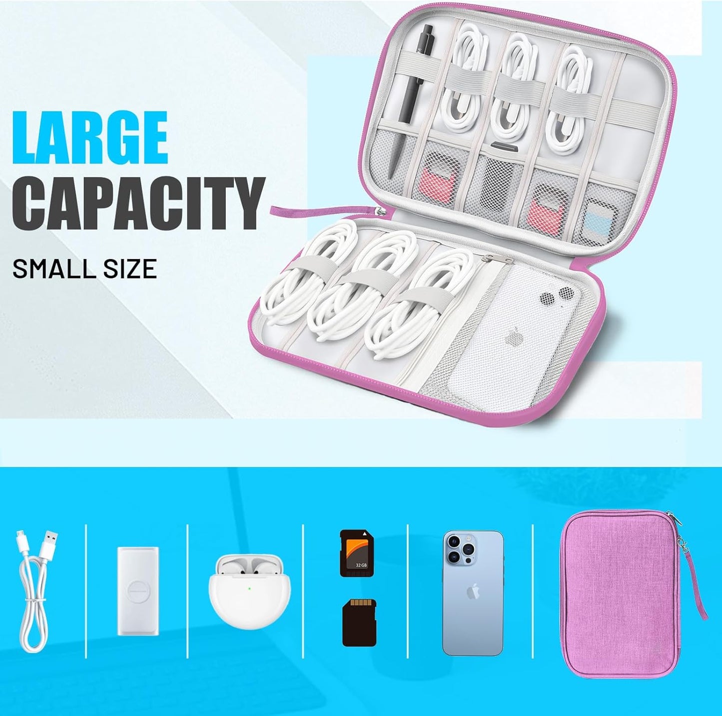 Travel Cable Organizer Bag, Electronics Organizer Tech Pouch with Double Layers for Cords, Chargers, Phone, Earphones, USBs, SD Cards - Travel Essentials Portable Waterproof Tech Pouch