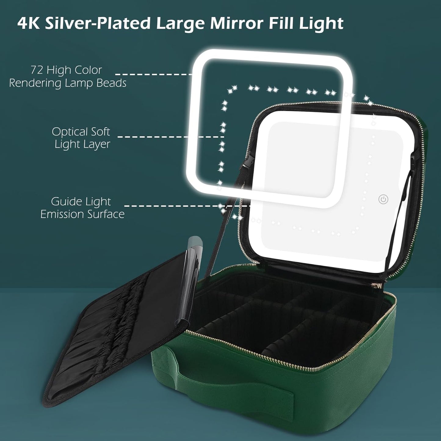 MOMIRA Travel Makeup Bag Cosmetic Bag Makeup Organizer Bag with Lighted Mirror, Adjustable Brightness in 3 Color Scenarios, Waterproof Makeup Train Case, Gift for Women - Emerald Green
