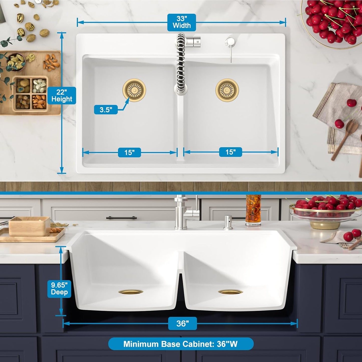 33 Inch Quartz Drop In White Kitchen Sink-Donsdey Double Bowl Topmount Granite Composite Workstation Sinks Double Basin Large Bowl Hard and Durable Noise Reduction Luxury Accessories