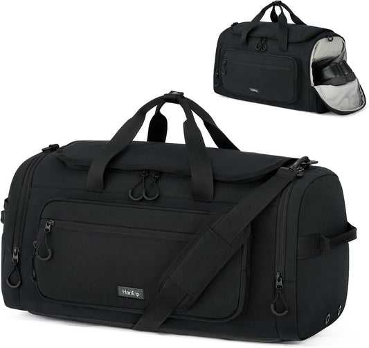 Large Travel Duffle Gym Bag with Shoe Compartment, Underseat Carry On Luggage Overnight Weekender Personal Item Workout Bags for Women Men (Black)