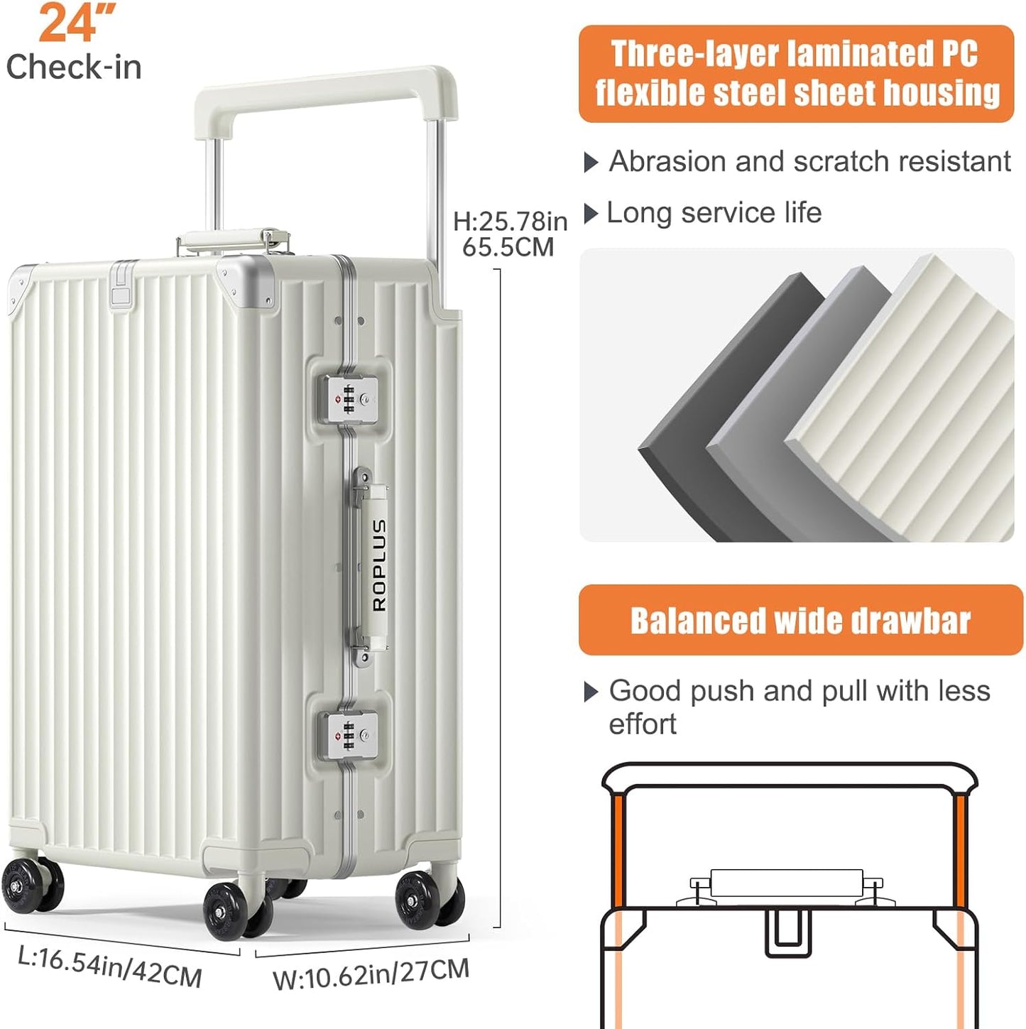 Aluminium Frame Checked-Luggage with Smooth Jelly Wheels, Hardside Zipperless Rolling Suitcase with TSA Lock (Pure White, 24-Inch)