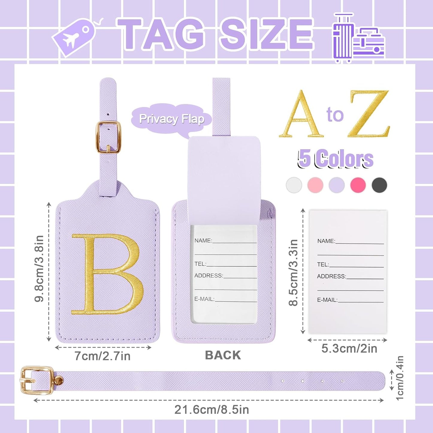 Personalized Initial Luggage Tags for Suitcase, Purple Leather Cute Luggage Tags with Privacy Cover Name Card, Embroidered Custom Monogrammed Luggage Tag Travel Backpack Tags Gifts for Women Kids(B)