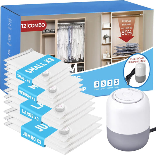 12 Pack Vacuum Storage Bags with Electric Air Pump, Vacuum Seal Bags for Clothing (3Jumbo/3Large/3Medium/3Small), Space Saver Bag for Clothes, Blanket, Duvets, Pillows,Comforters, Bedding,Travel