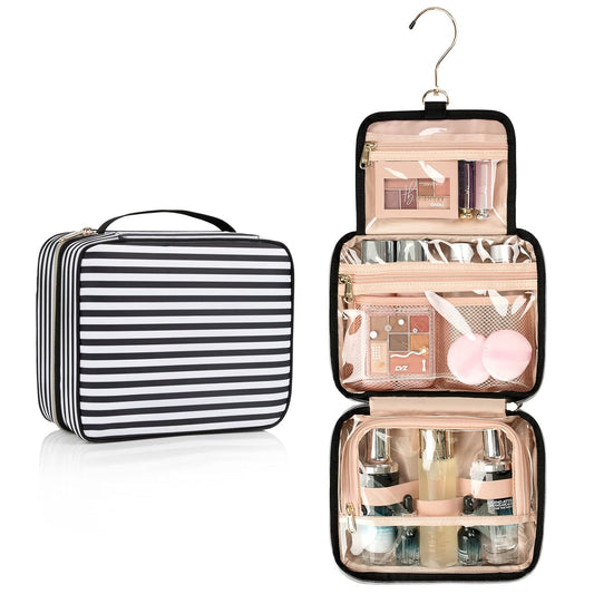 CUBETASTIC Travel Toiletry Bag with 360° Hanging Hook - 3 Compartments Water-resistant Makeup Bag with Portable Handle Medium - Makeup Organizer for Toiletries and Cosmetics