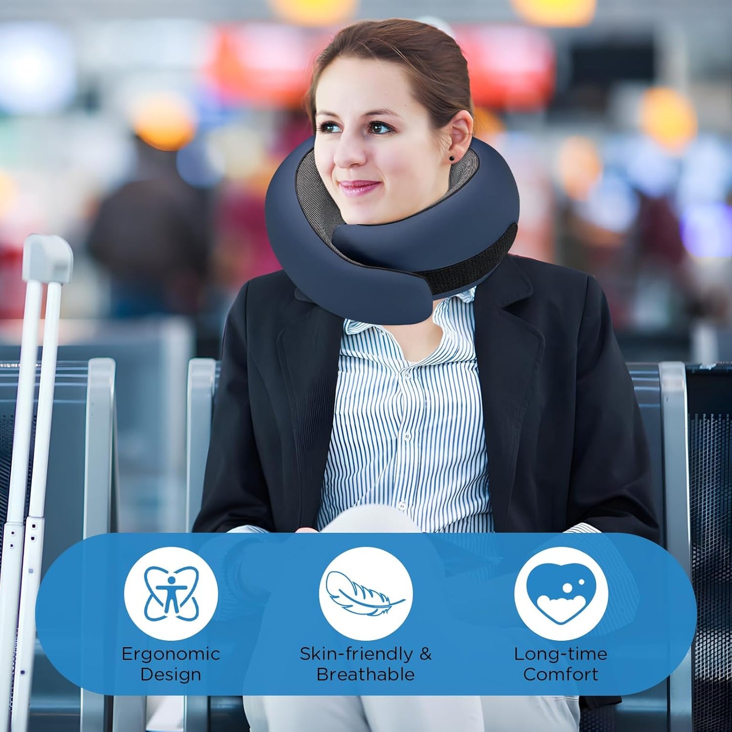 Neck Pillow Airplane,100% Pure Memory FoamTravel Neck Pillow Travel Neck Support Ergonomic &Portable Design Best for Sleeping Plane Car Train Office Flight (Deep Blue)