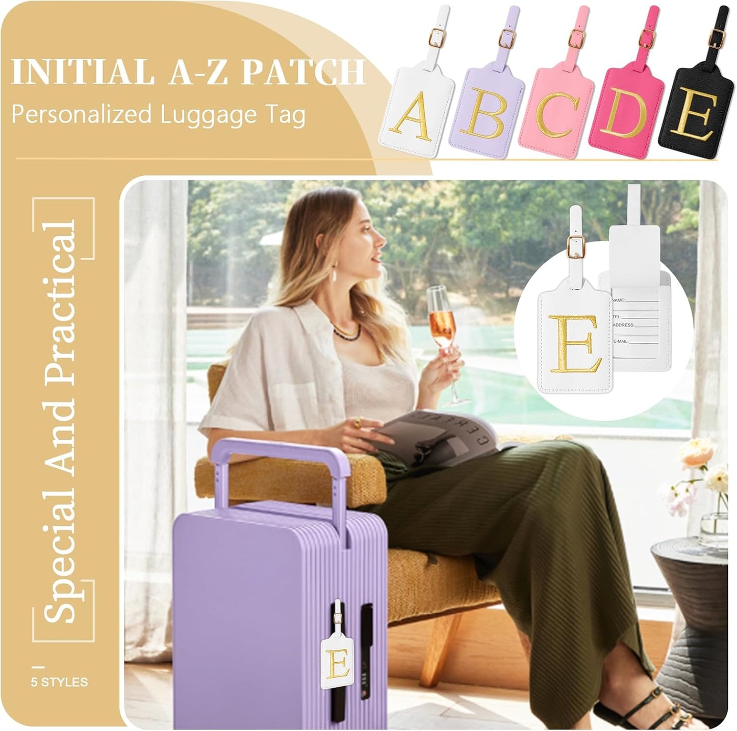 Personalized Initial Luggage Tags for Suitcase TSA Approved, White Leather Cute Luggage Tag with Privacy Cover Name Card, Embroidered Custom Luggage Tags Travel Baggage Tags Gifts for Women Kids(E)