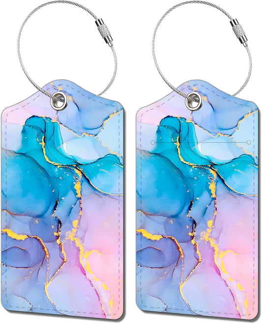 2 Pack Luggage Tag for Suitcase, Cute Unique Leather Bag Tags Identifiers Privacy Cover ID Label with Durable Steel Loop for Women Men Kids Girls Travel，Marble Blue