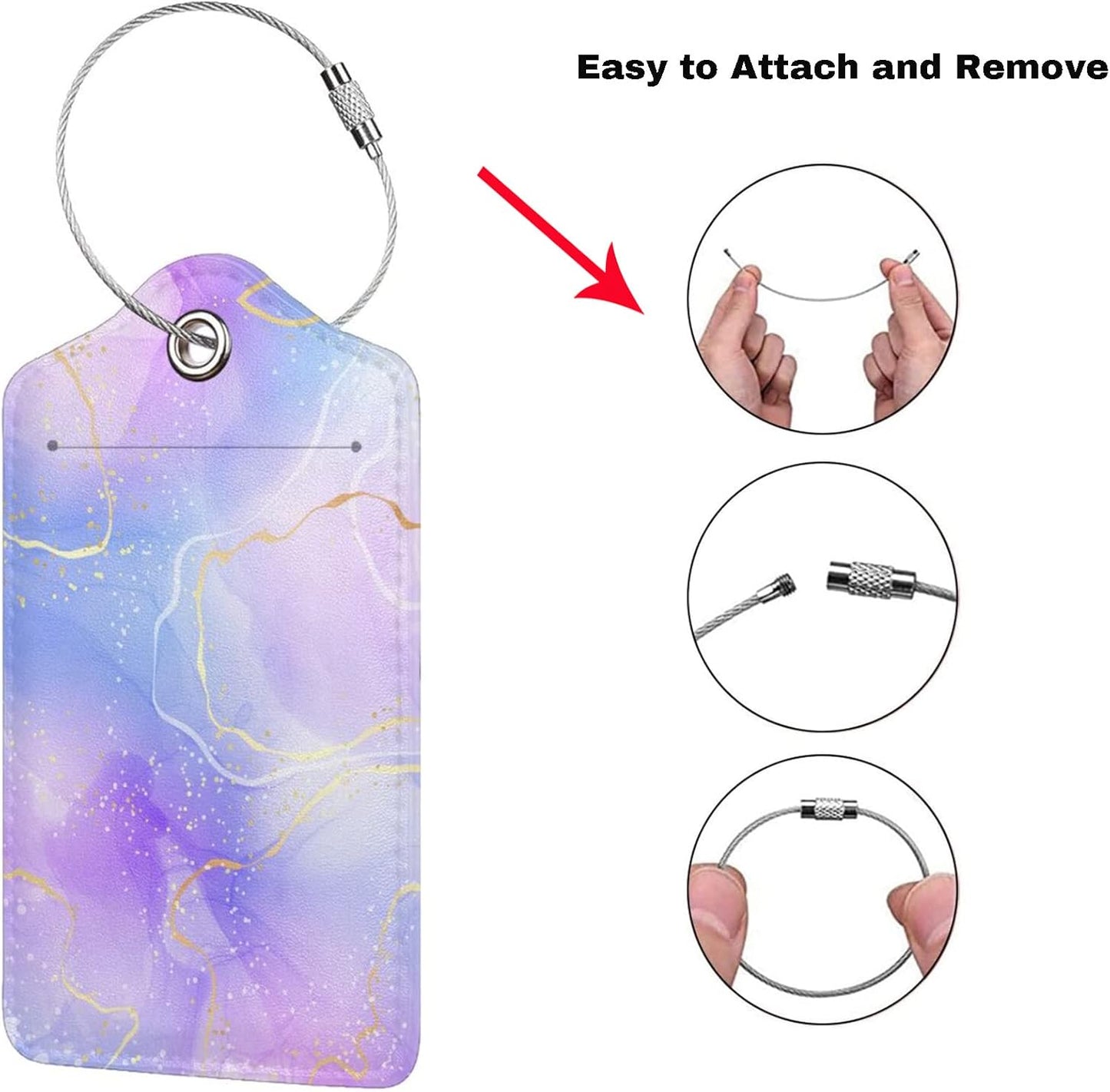 2Pcs Light Purple Blue Leather Luggage Tags with Golden and White Lines for Women Girls Travel, Pretty Abstract Lavender Violet Watercolor Marble Name ID Identifier Labels for Suitcase Baggage Bag