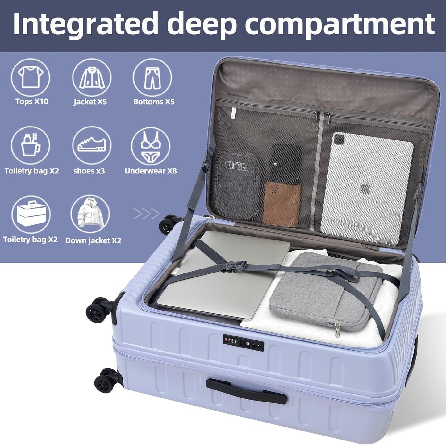 2 Pieces 19/29 Luggage Sets, 19 Inch Carry On Luggage with Front Pocket & 29 Inch Side Opening Suitcase, Ligthweight ABS+PC Hardshell, Lilac Purple