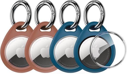 UNBREAKcable Holder for Apple AirTag - 4 Pack [Fit Tightly Design] [Easy to Install] [Hold Air Tag Securely] Waterproof TPU Shell Protective Case with All Metal Keychain Key Ring Clip (Brown&Blue)