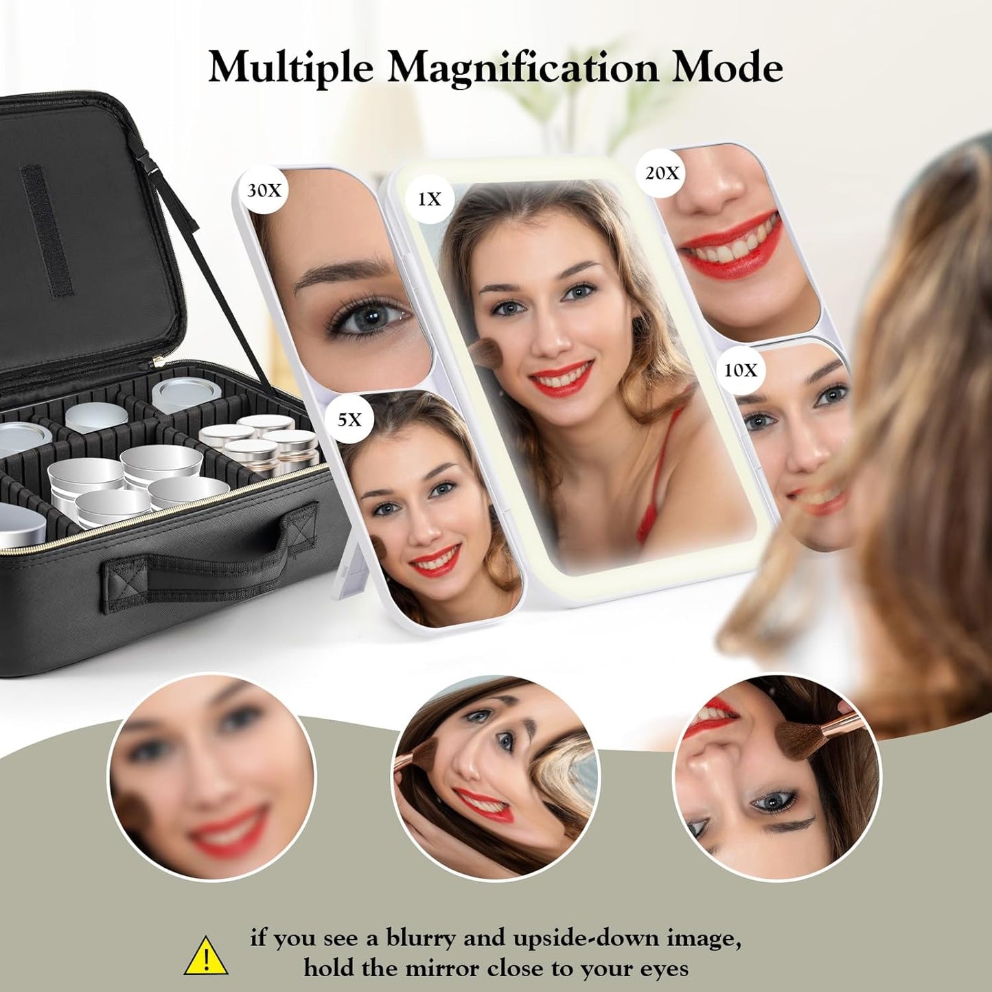 Extra Large Makeup Bag with LED 1X5X10X20X30X Magnifying Mirror and Travel Makeup Train Case Cosmetic Organiser with Mirror and Separate Makeup Brush Panel, Portable Adjustable Divider,Black-XL