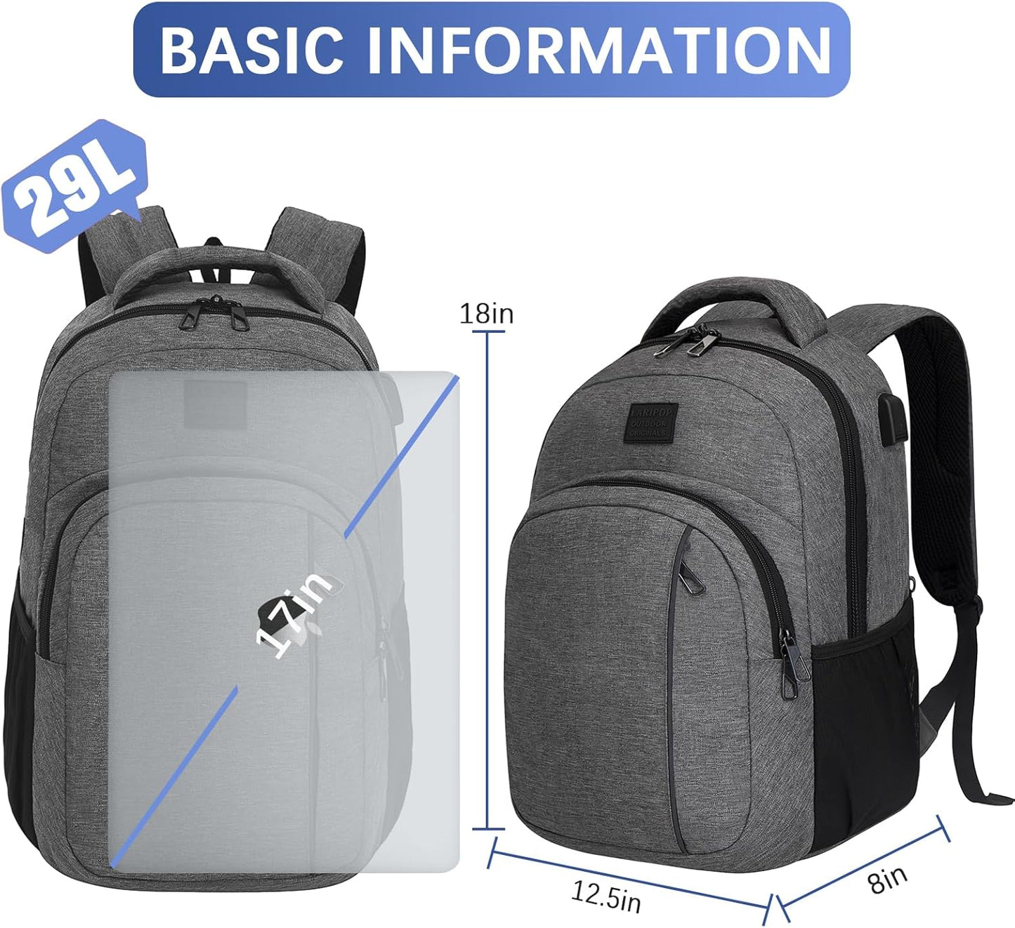 LARIPOP Travel Laptop Backpack,15.6 Inch Business Laptop backpack for Men Women with USB Charging Port,Water-Resistant Laptopack Weekender Daypack for Work College Computer