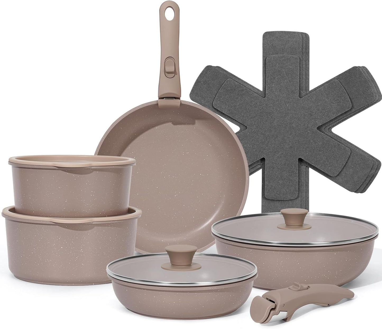 15Pcs Pots and Pans Set Non Stick, Cookware Sets with Detachable Handle, Nonstick RV Kitchen Cooking Tools Removable Handles, Oven Safe, Induction Fast, Stackable Induction Cookware, Brown