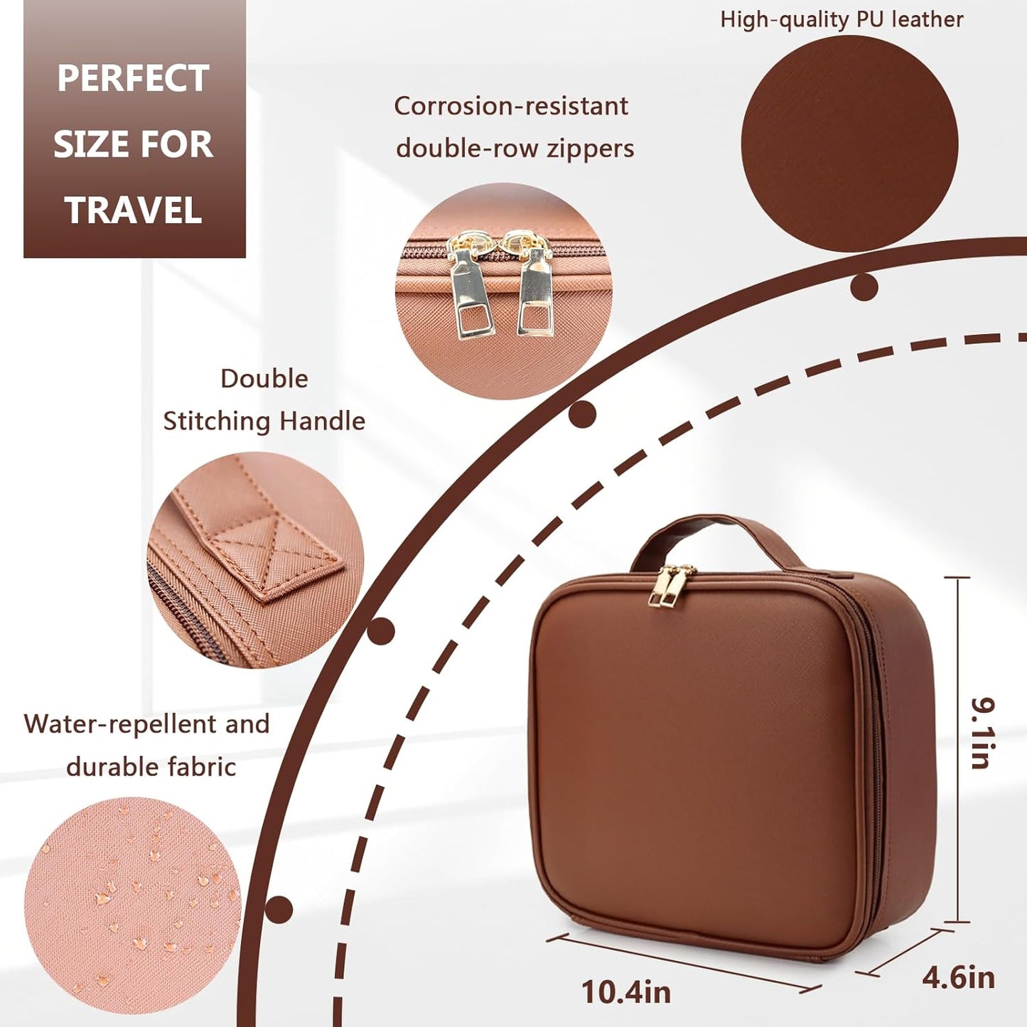 Travel Makeup Bag for Women and Makeup Artists Cosmetic Organizer Large Makeup Case,Travel Makeup Bag with Mirror 3 Color Setting,Portable Storage and Adjustable Dividers(Dark brown)