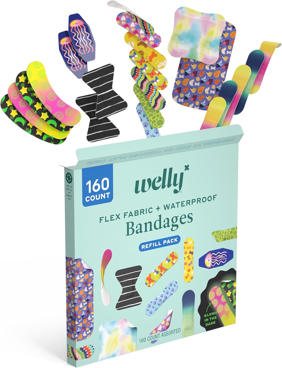 Welly Bandage Large Refill Pack | Adhesive Flexible Fabric, Glow-in-The-Dark & Waterproof Bandages | Assorted Shapes and Patterns for Minor Cuts, Scrapes, and Wounds - 160 Count