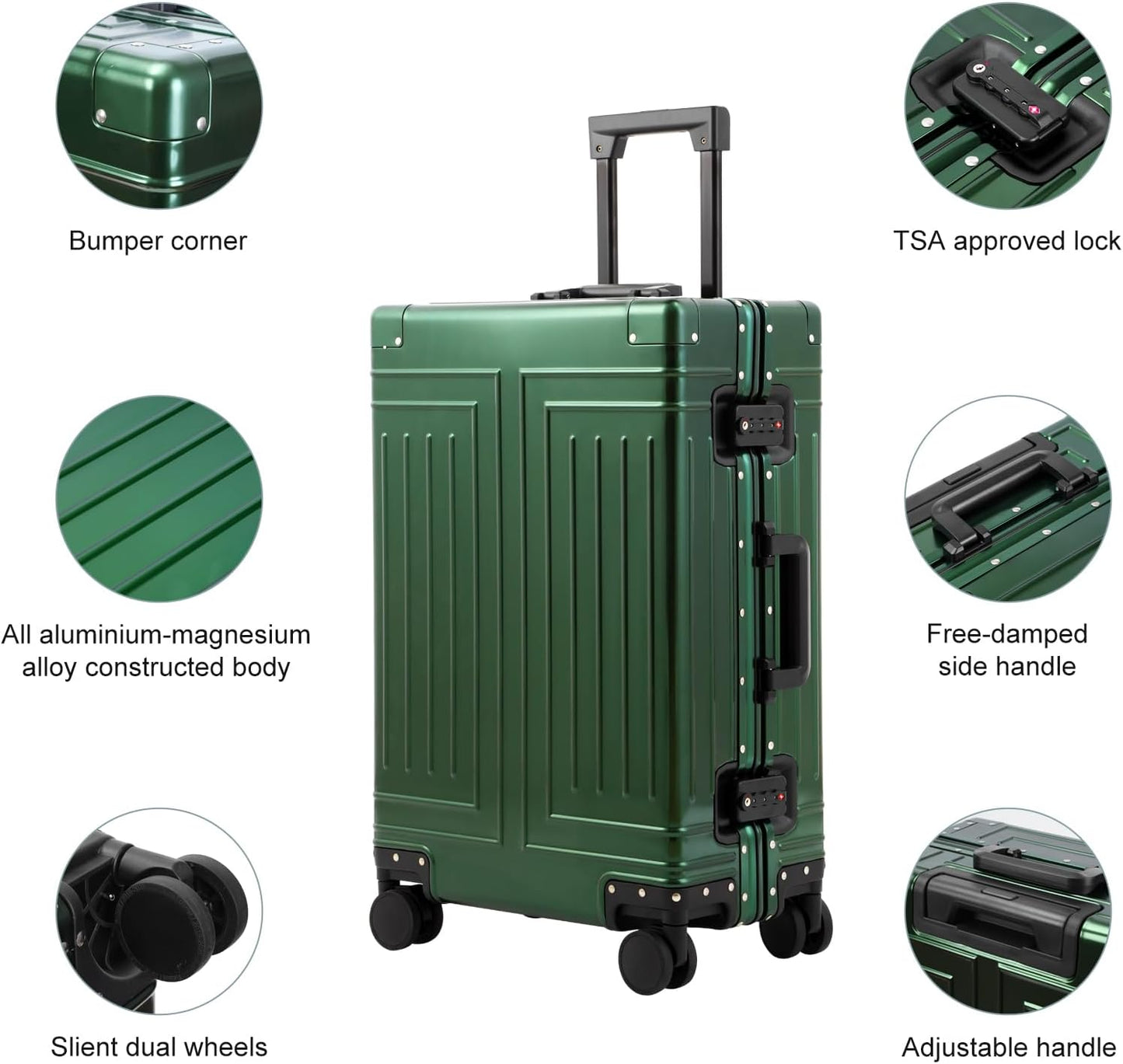 All Aluminum Carry On Luggage，Cut from Whole Aluminum Sheet，22x14x9 Airline Approved ，（3rd Generation，Premium Metal zipperless suitcase ） (green, 24inch)