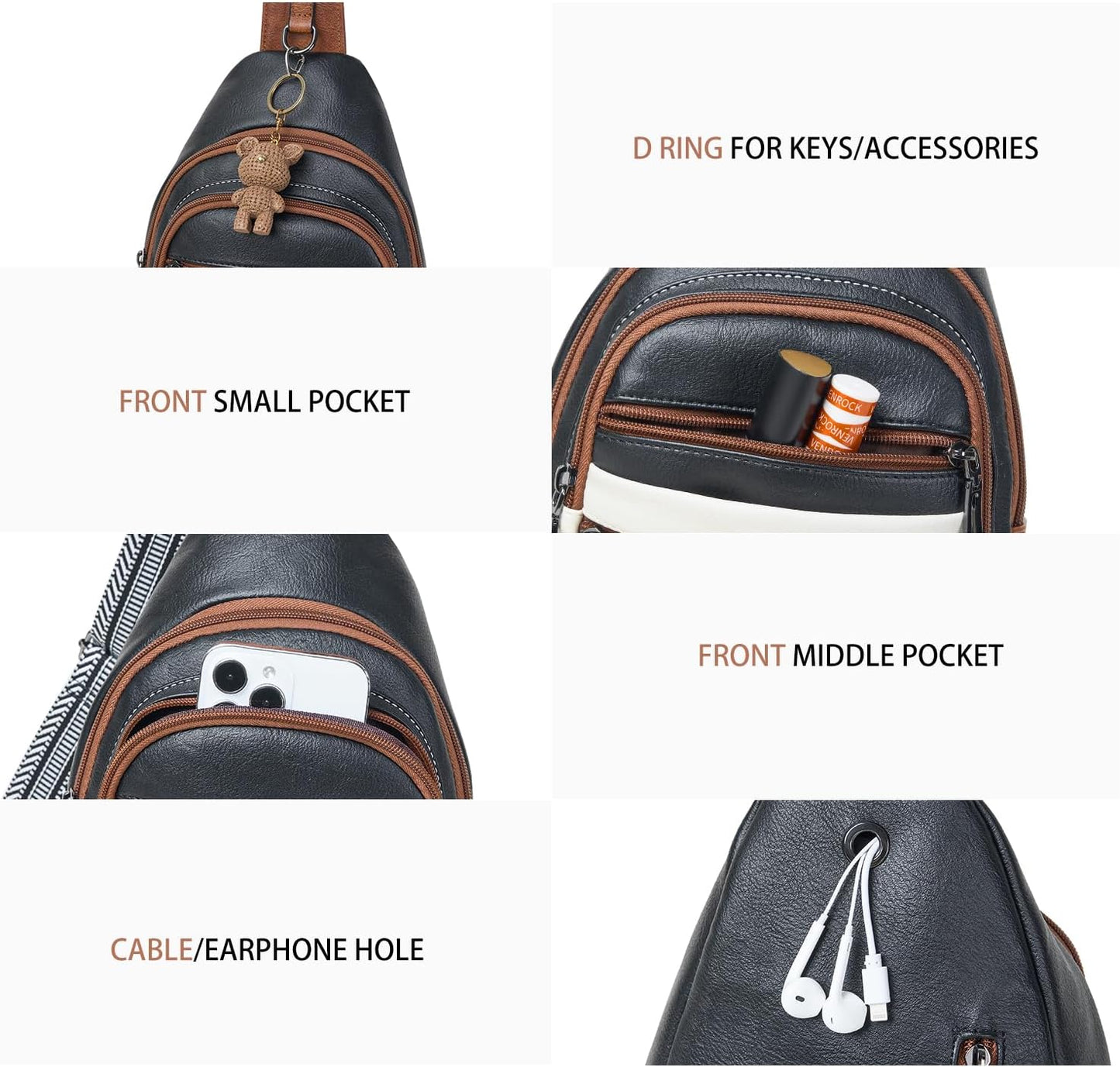 Sling Bag for Women Crossbody Bag Fanny Pack Cross Body Sling Purse Vegan Leather Trendy Travel Purse Black/White/Brown