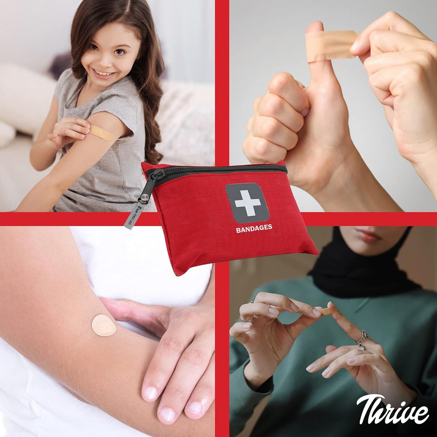 Thrive Bulk Bandages Variety Pack - 305 Count, Red - Travel Fabric & Waterproof Adhesive Bandages & Band Aids with Zipper Pouch