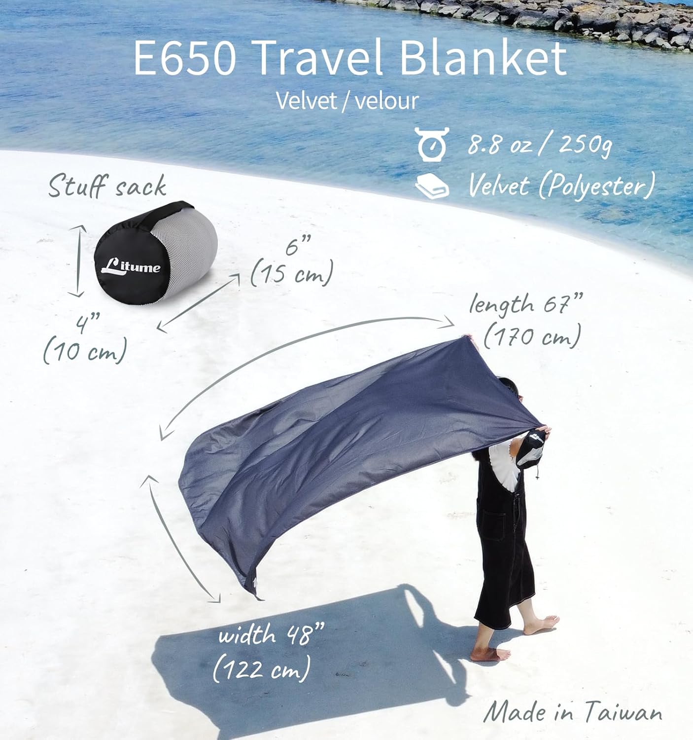 Travel Blanket Lightweight and Breathable, 67 x 48 in Soft Airplane Flight Blanket for Travelers, Foldable Camping Sheet with Stuff Sack for Train, Camp, backapcking, office, home (Velvet E650)