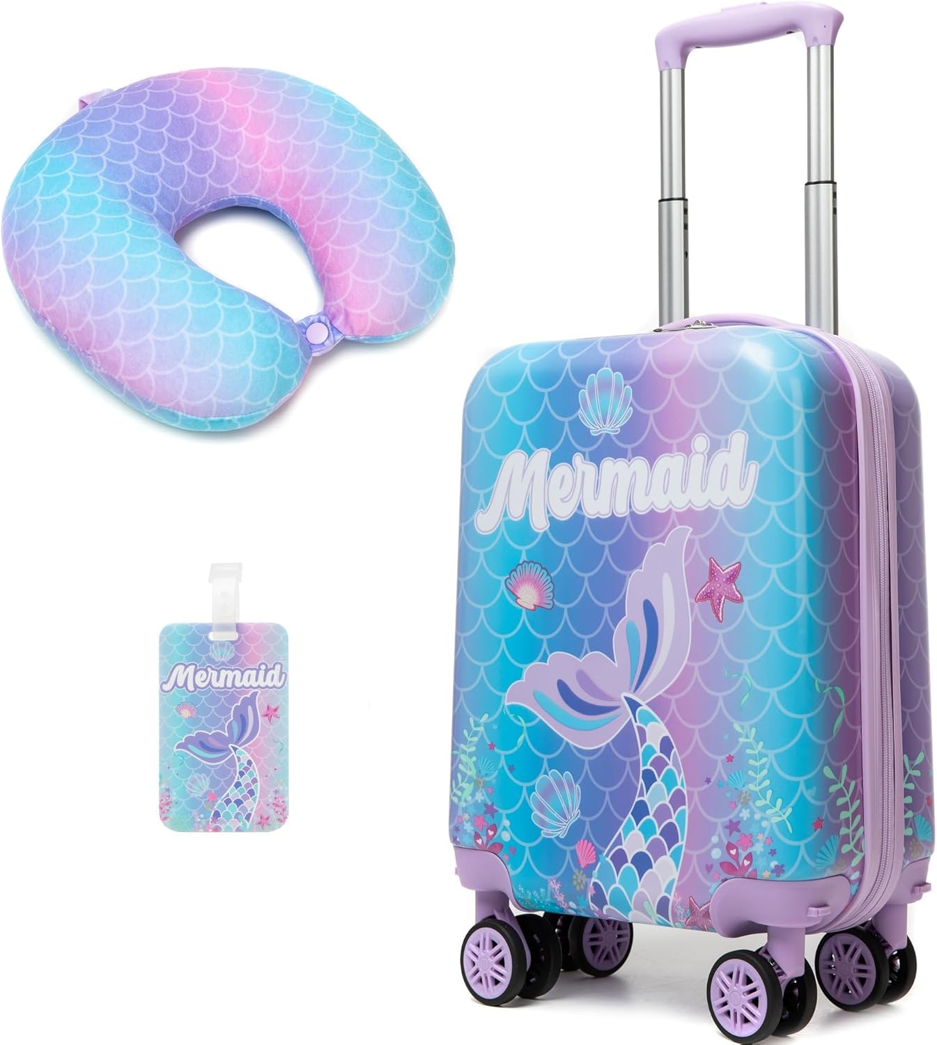 Cute Mermaid Kids Luggage Set 2 piece Kids Suitcase with Spinner Wheels 16" Childrens Luggage for Girls With Wheels Hard Shell Luggage Sets Airline Approved