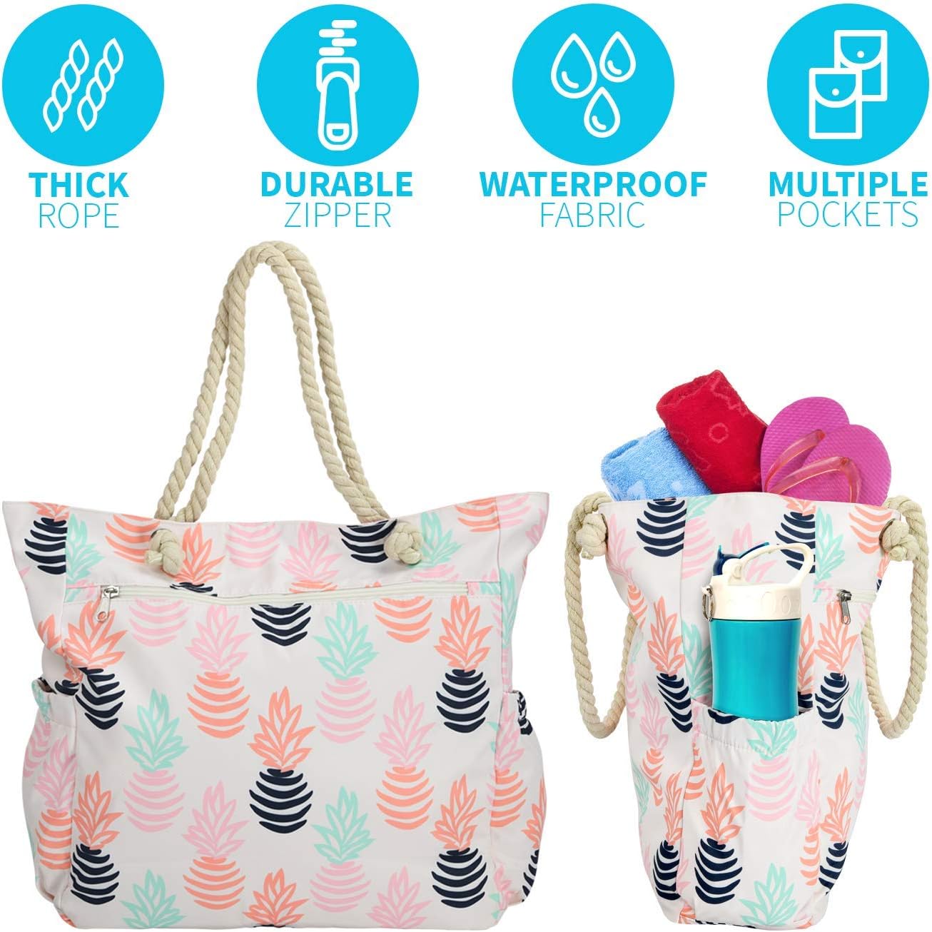 Beach Bag Spacious Shoulder Tote Travel & Gym Bag w/Multiple Pockets & Strong Zipper