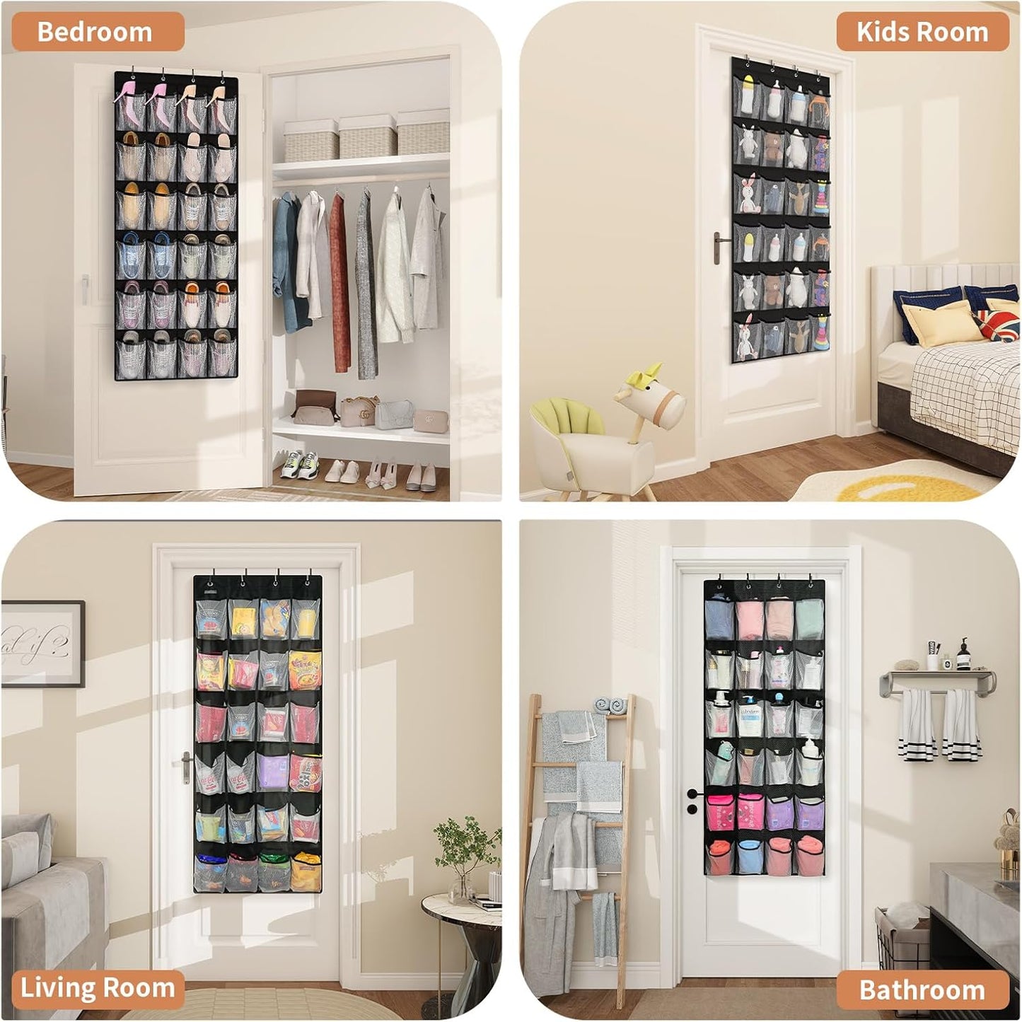 FENTEC 24 Pocket Over Door Shoe Organizer, Mesh Closet Shoe Holder, Black