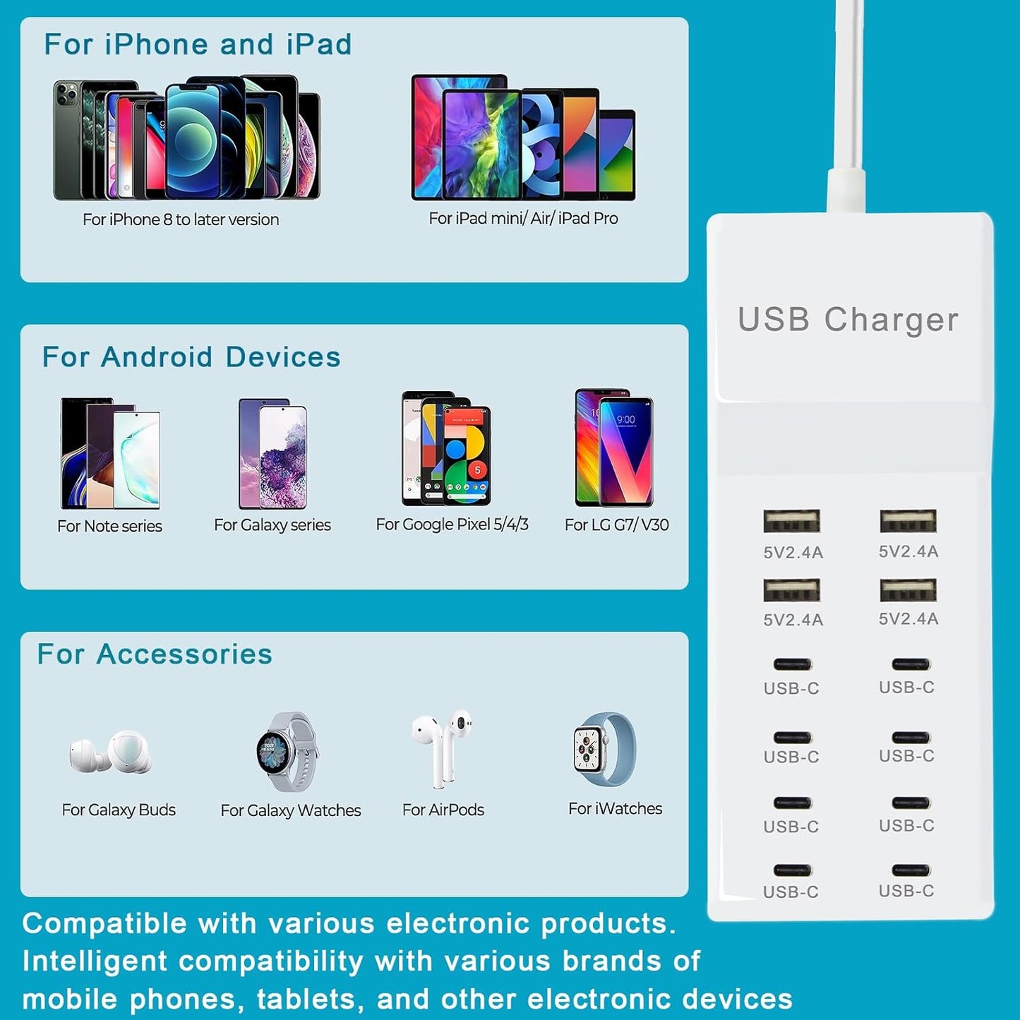 USB Charging Station with 12 Port USB Power Strip Fast Charging for Multiple Devices Compatible with Cell Phones Tablets Laptops (XHK-4U8C)