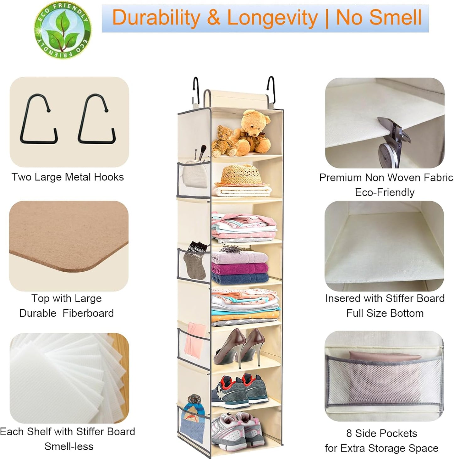 Large-Sized Hanging Shoe Organizer 8-Shelf, Hanging Closet Organizer with 8 Side Pockets, Wider Hanging Shelves for Storage Shoes Clothes 9" W × 11.8" D× 48" H, Beige.