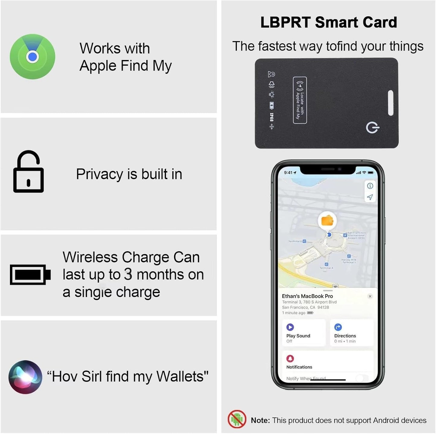 [Apple MFi Certified] LBPRT Air Card Tag Rechargeable Wallet Tracker Thin 1.6mm, Item Finder Work with Apple Find My APP (iOS Only, Android not Supported) Smart Locator for Luggage Suitcase, Purse,Bag